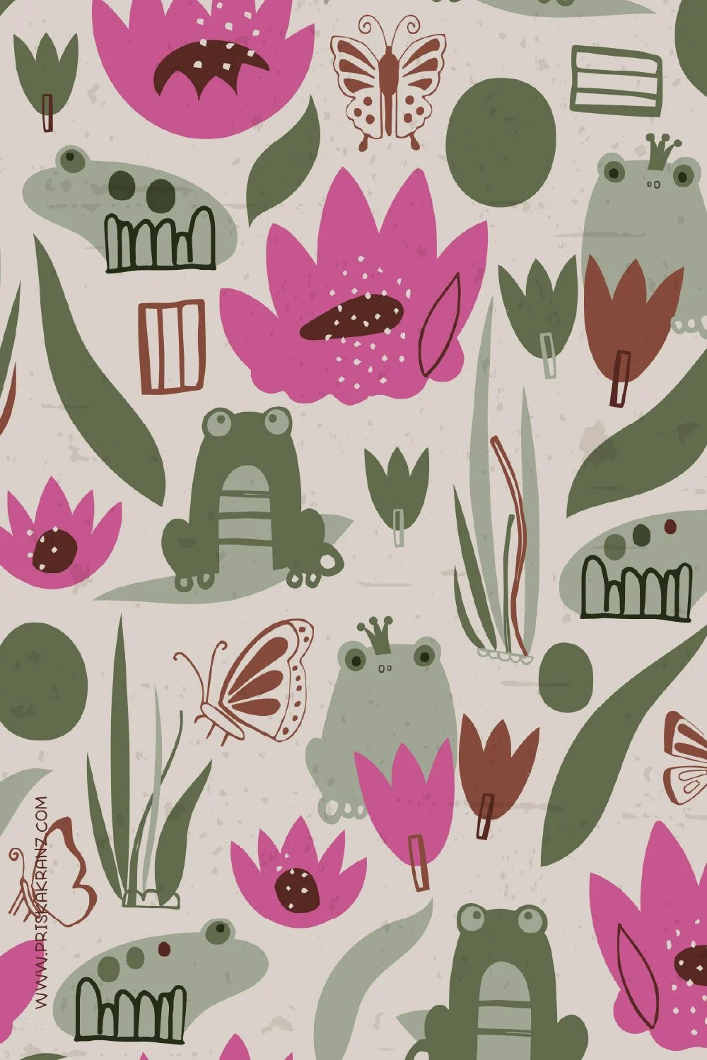 Whimsical pond pattern featuring stylized green frogs, bright pink lotus flowers, butterflies, leaves and aquatic plants on a warm cream background.