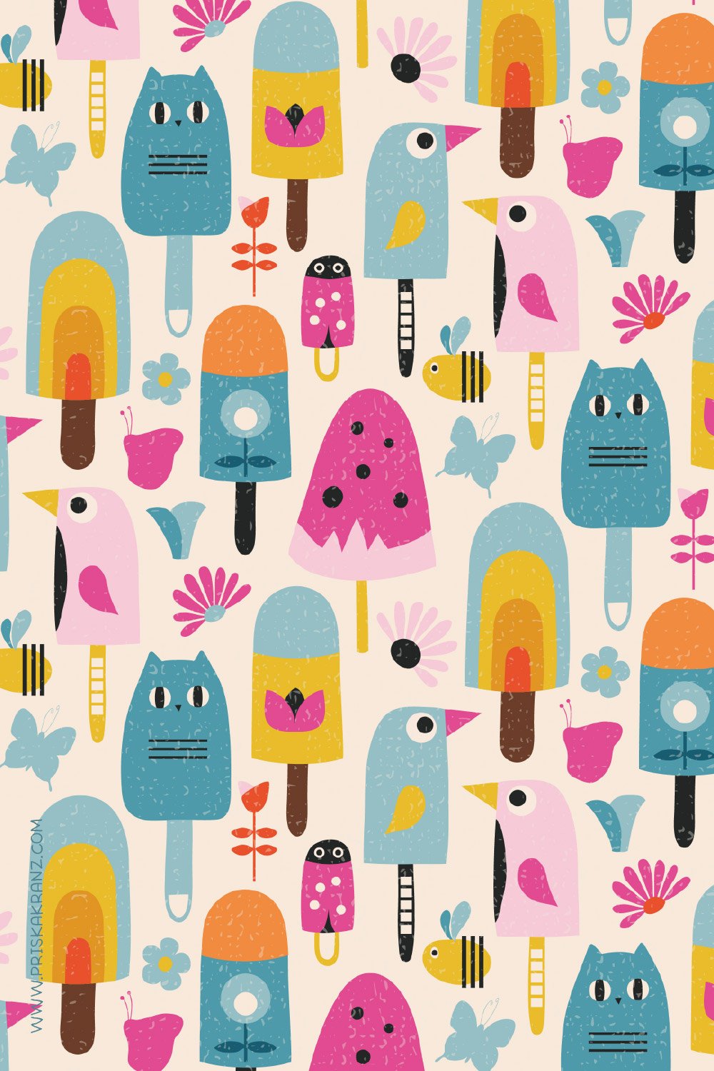 Colorful playful pattern with stylized birds, cats, popsicles, flowers, butterflies, and fruit in pink, aqua, yellow, and orange tones on a light background.