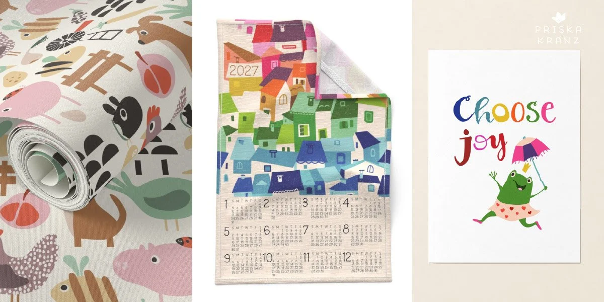 The image is showing a wallpaper roll with cute farm animals, a colorful 2027 calendar 2027 teatowel and a green frog in a sweet little skirt dancing with an umbrella on a postcard saying "choose joy"