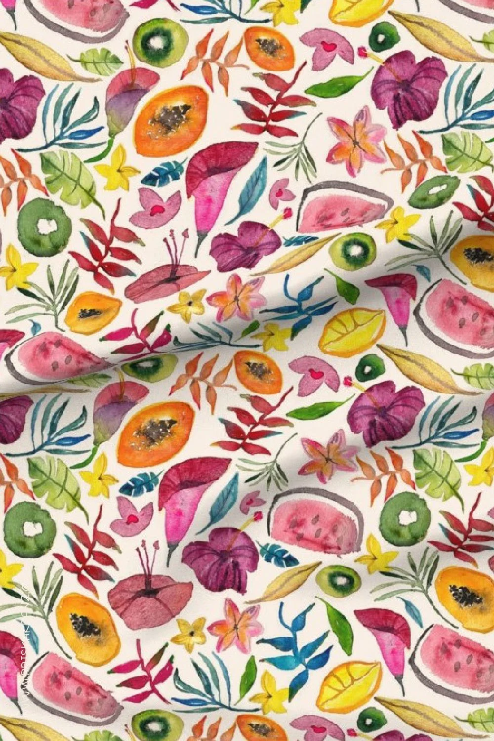 Colorful hand-painted watercolor pattern featuring tropical fruits, flowers, and leaves on a light background, including papaya, watermelon, and vibrant botanical elements in pink, green, yellow, and orange tones.
