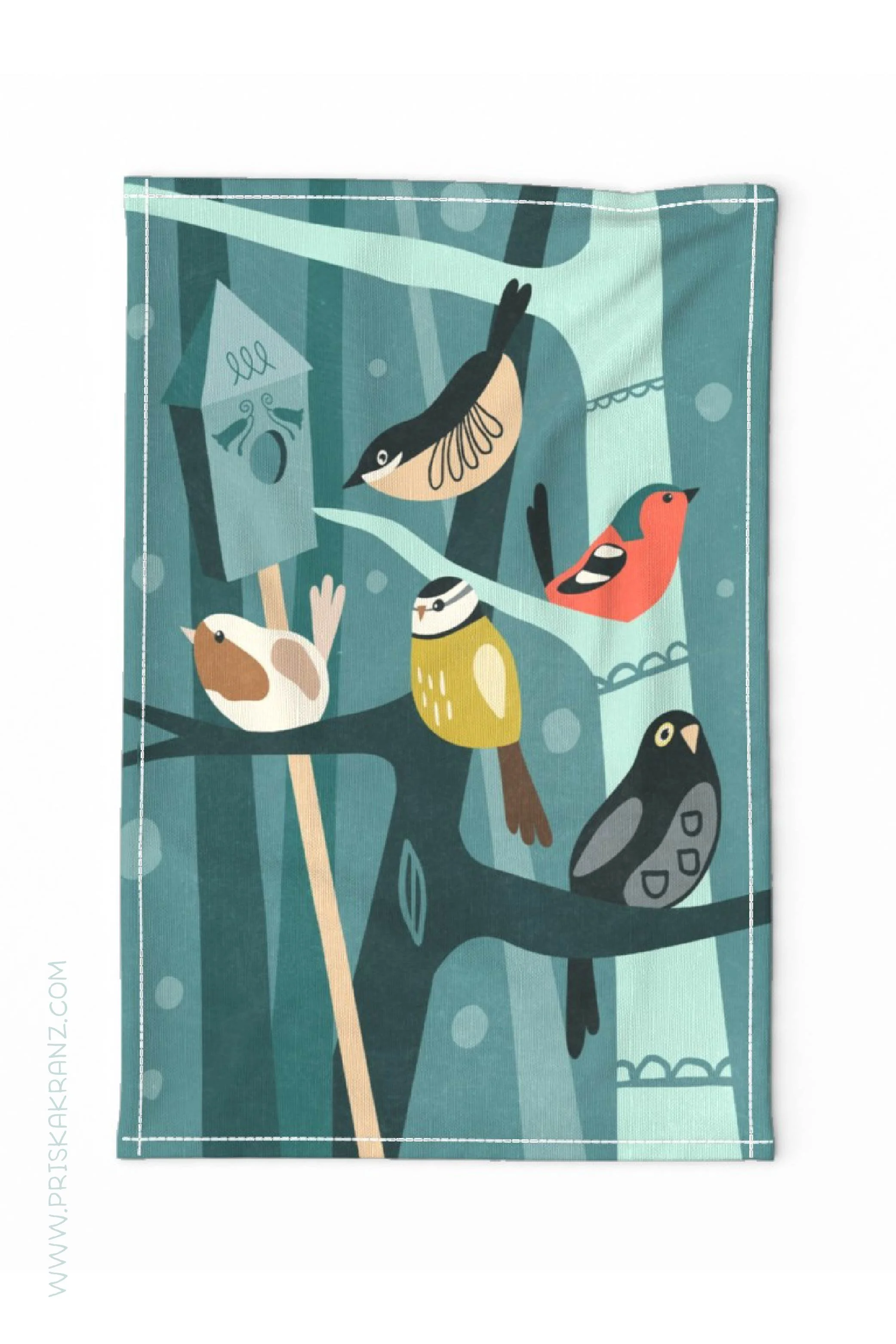 Tea towel featuring a stylized illustration of backyard birds perched on tree branches with a small birdhouse, set in teal and green tones.