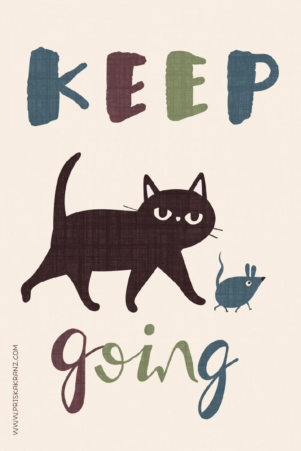 Keep going illustration featuring a stylized black cat walking confidently beside a small blue mouse. The words “KEEP” and “going” appear in hand-drawn lettering in muted blue, burgundy, and sage green on a soft cream background