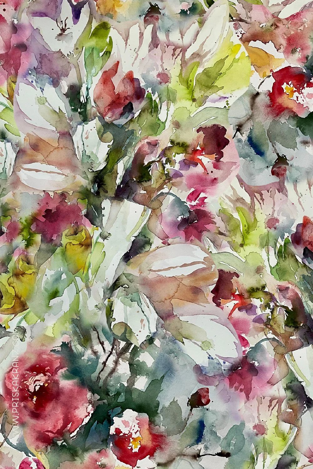 Hand-painted watercolor floral pattern with soft, abstract flowers and leaves in pink, green, red, and muted earthy tones, creating a painterly and expressive botanical design.