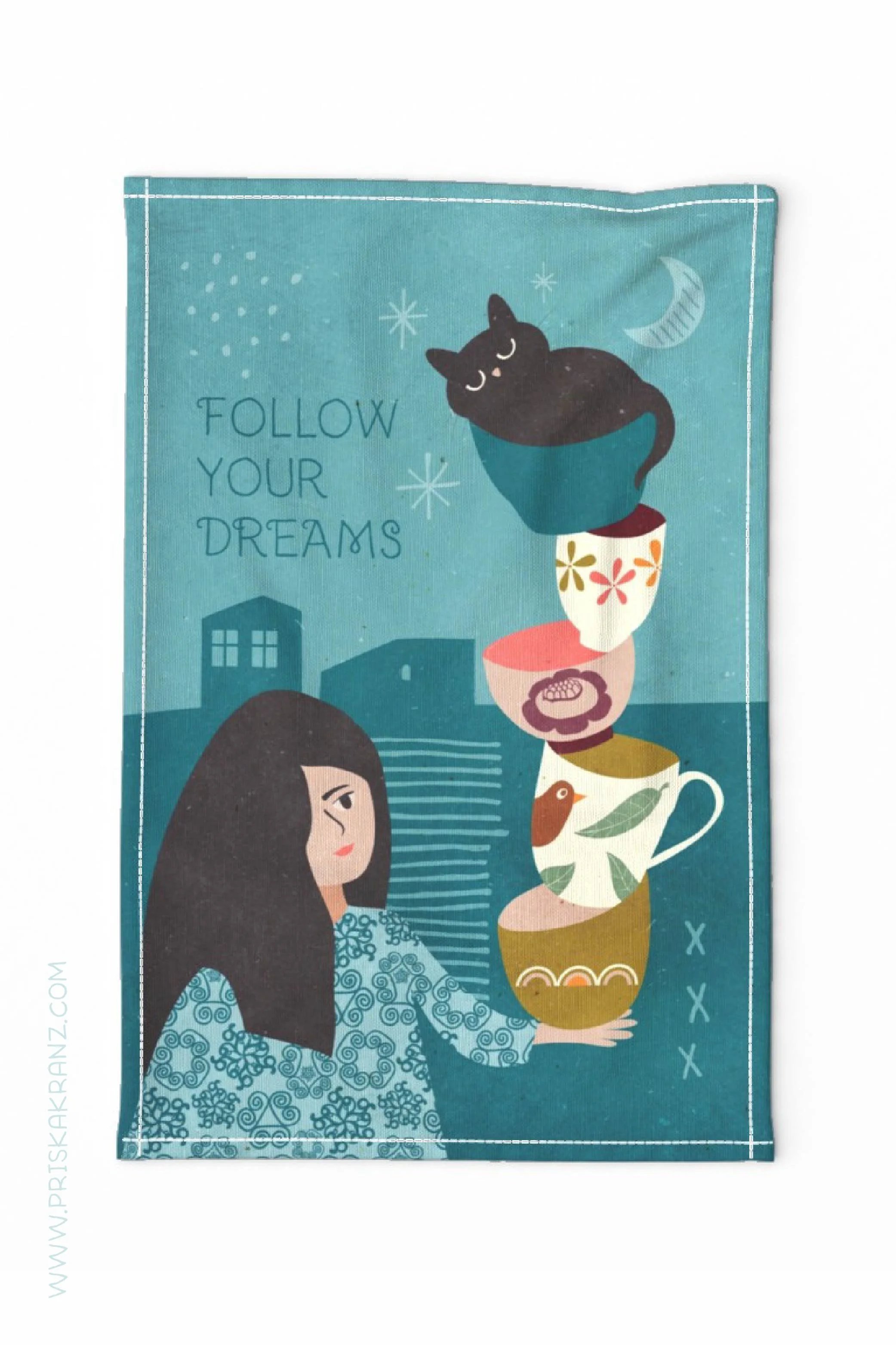 Illustrated tea towel featuring a woman balancing a stack of colorful cups and bowls with a sleeping black cat on top, set against a teal background with stars and the phrase “Follow Your Dreams.”
