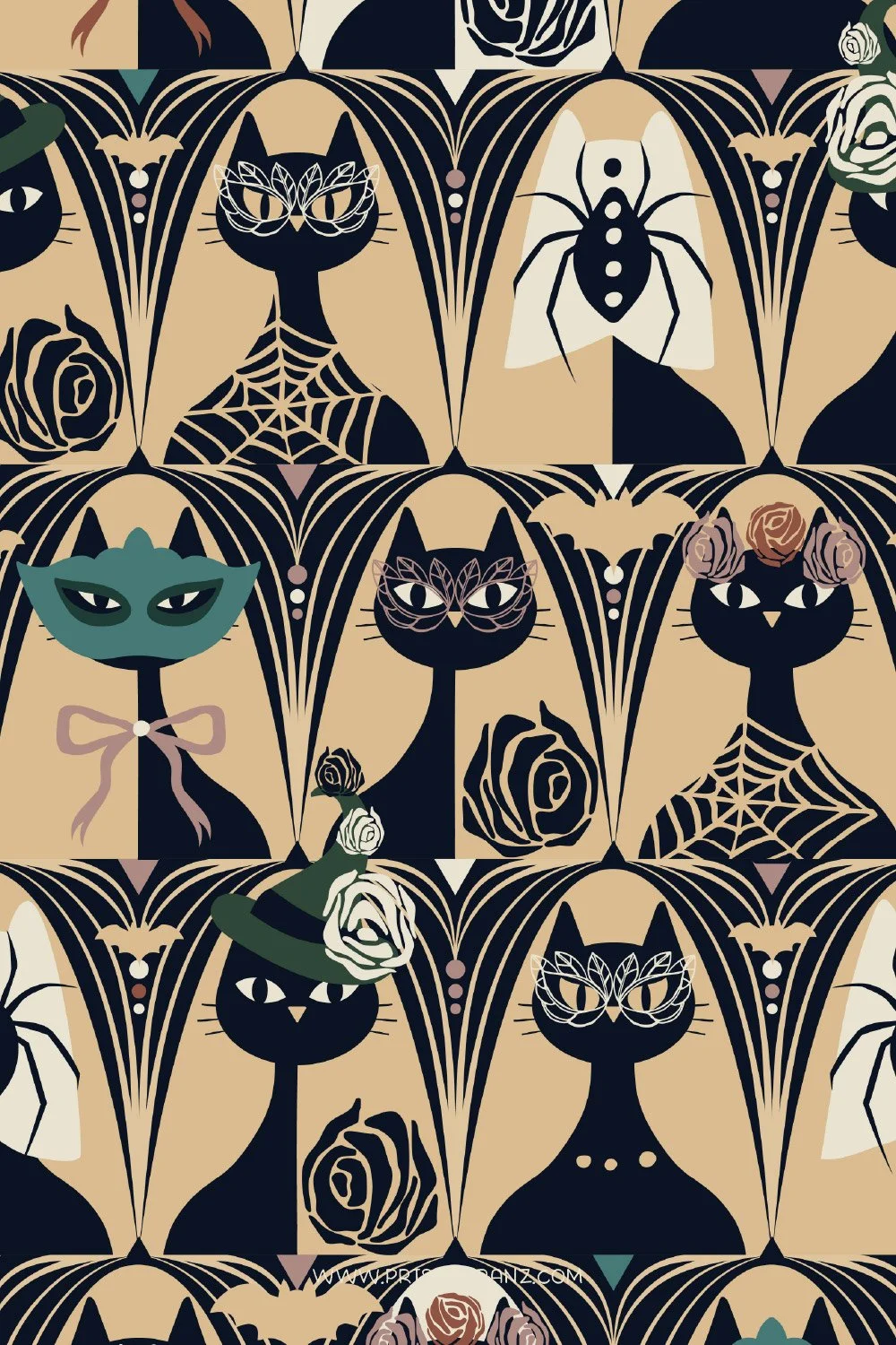 Art Deco-inspired seamless pattern featuring elegant black cats, vintage moths, spiderwebs, roses, bows, and decorative floral arches in a sophisticated palette of black, cream, sage green, dusty mauve, and warm beige.