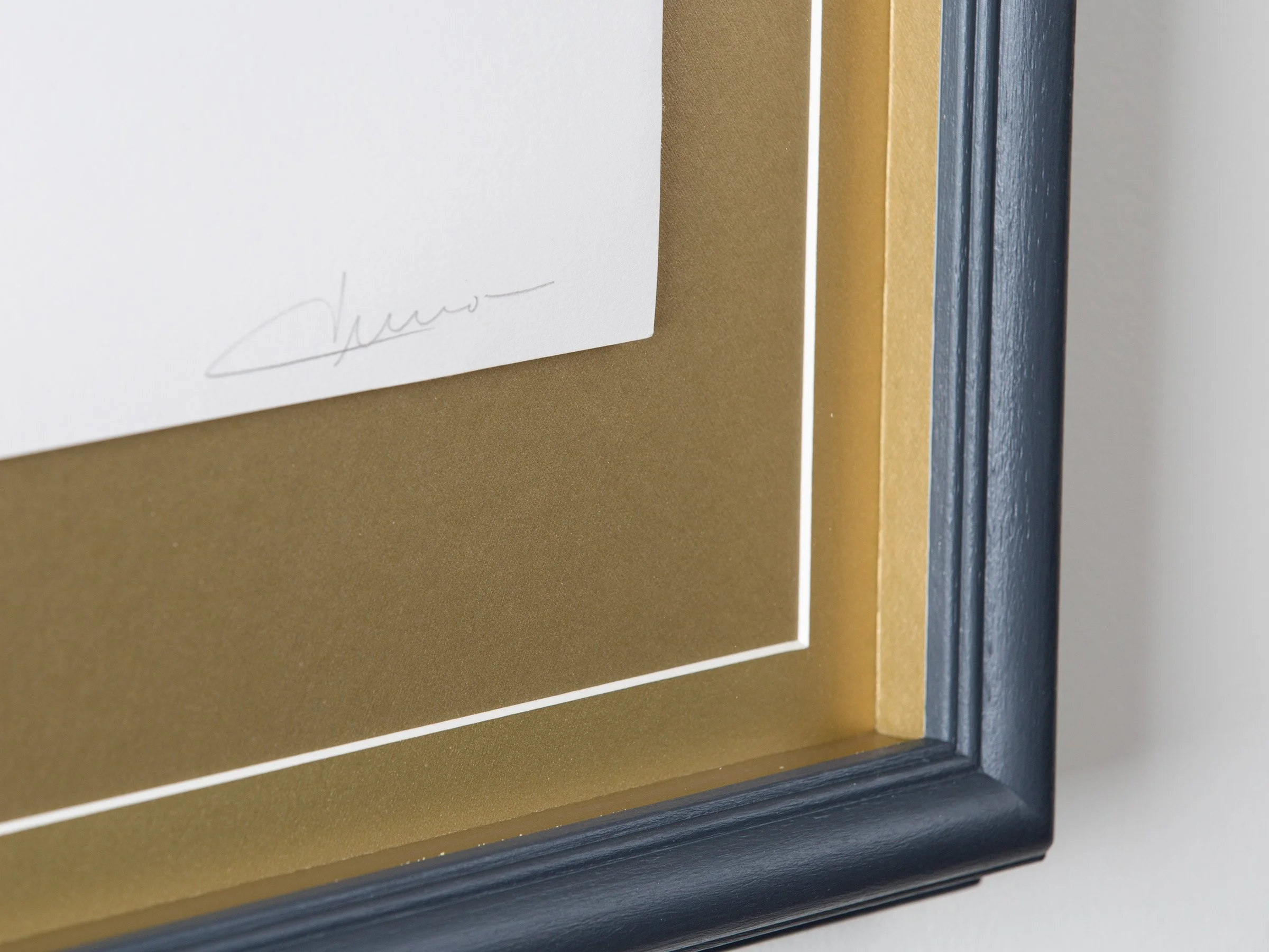 Blue bespoke frame with gold mount and double lip detail by The Nunhead Framer