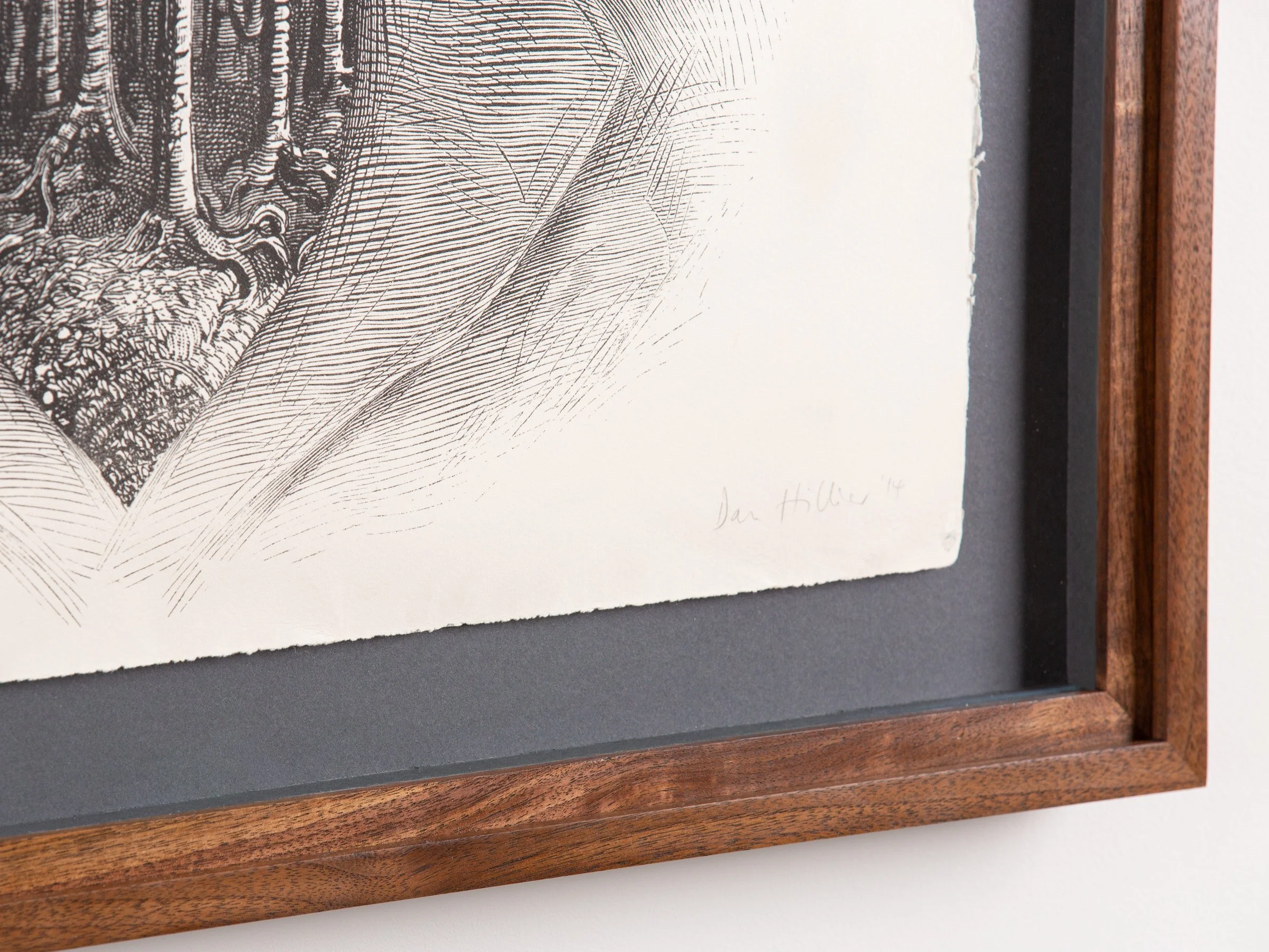 Double walnut frame detail with floated artwork and grey back spacers by The Nunhead Framer