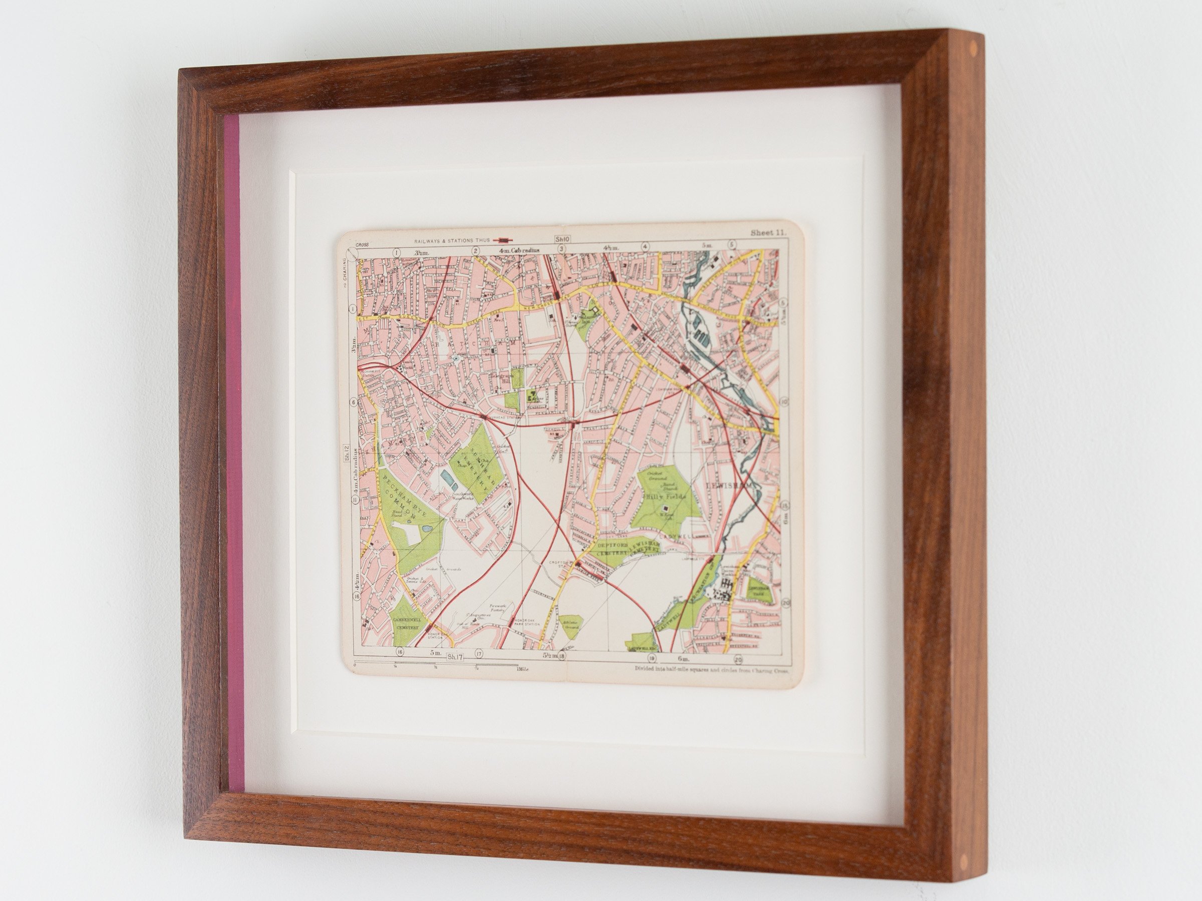Vintage Nunhead map bespoke framed in walnut by The Nunhead Framer
