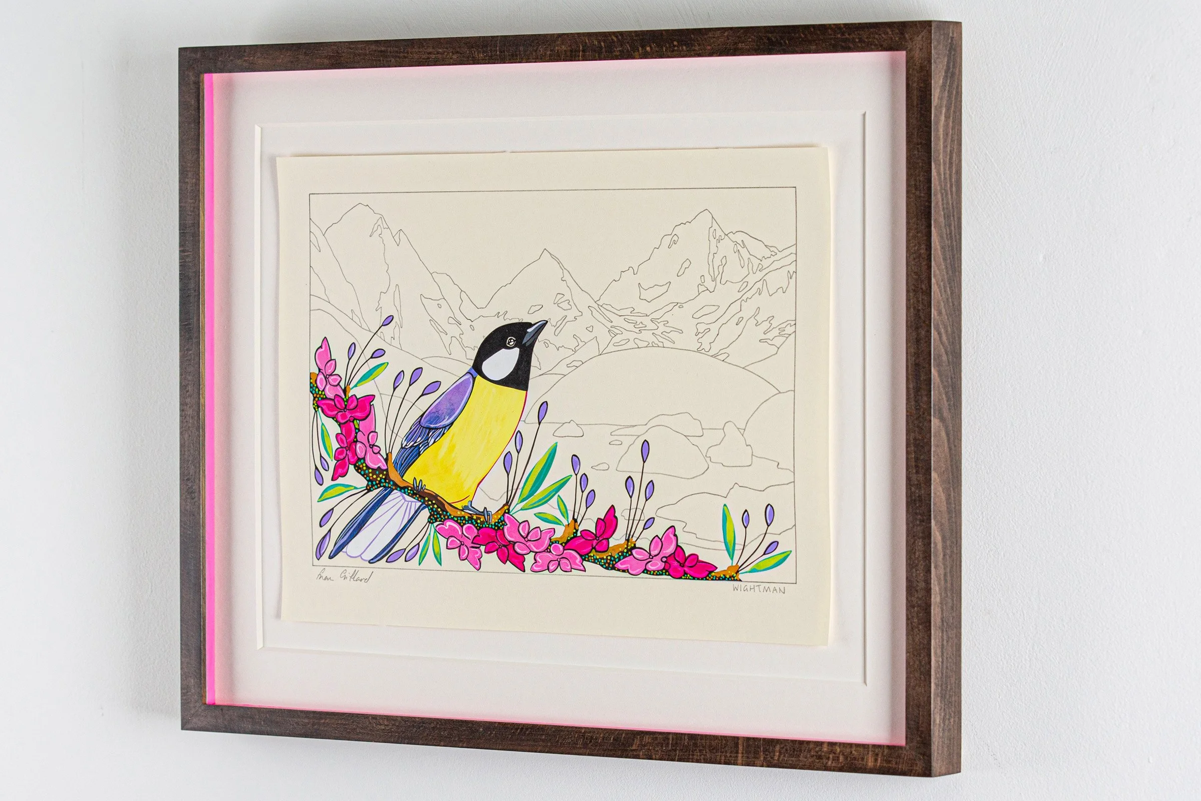 Bespoke beech wood picture frame float mounted with outer window mount, pink spacers AR70 glass framed by The Nunhead Framer in Nunhead SE15 London. Artwork is a collaboration piece by Fran Giffard and David Wightman