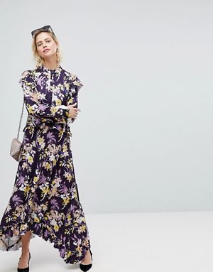 Warehouse Floral Print Frill Edge Maxi Dress