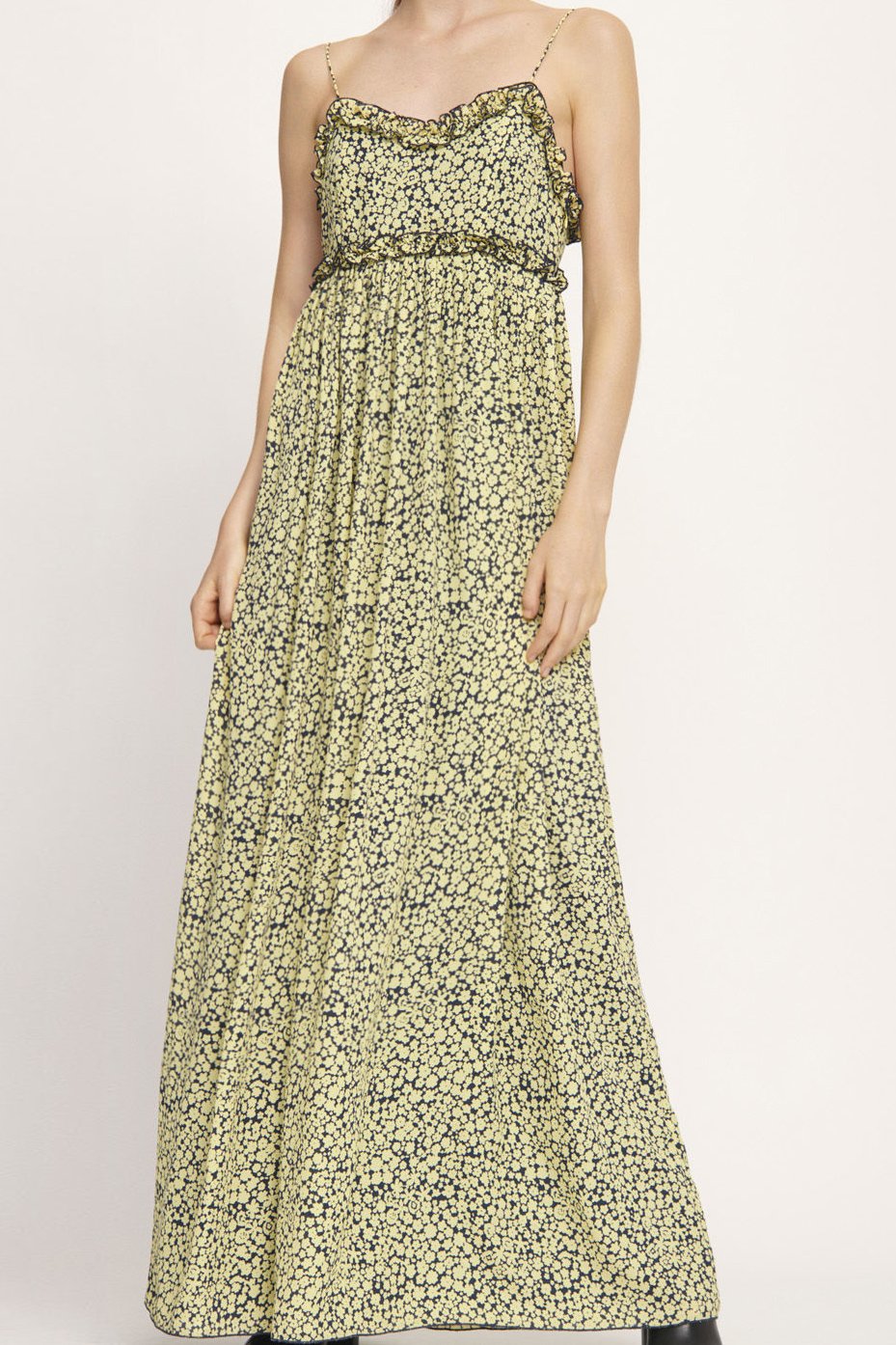 YELLOW AND NAVY FLORAL PRINT SPAGHETTI STRAP MAXI DRESS