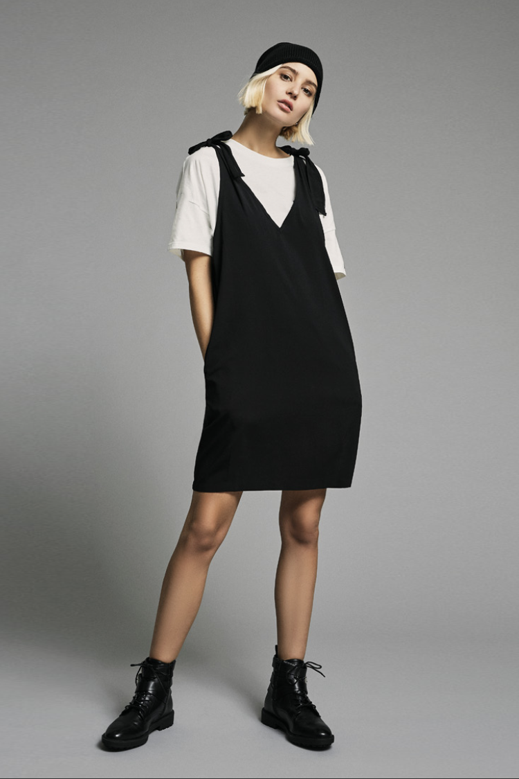 BLACK SHOULDER TIE DUNGAREE DRESS