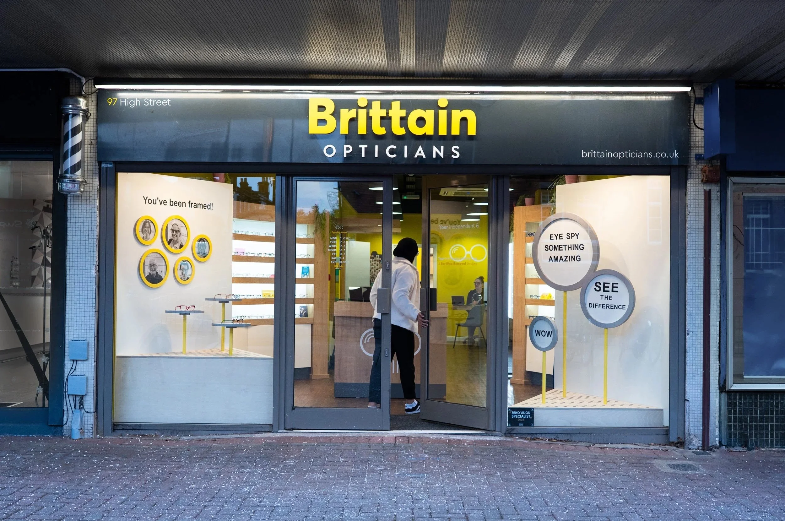 Window display design created by bespoke furniture makers Dual Works for Brittain Opticians in Harbourne High Street, Birmingham, West Midlands.