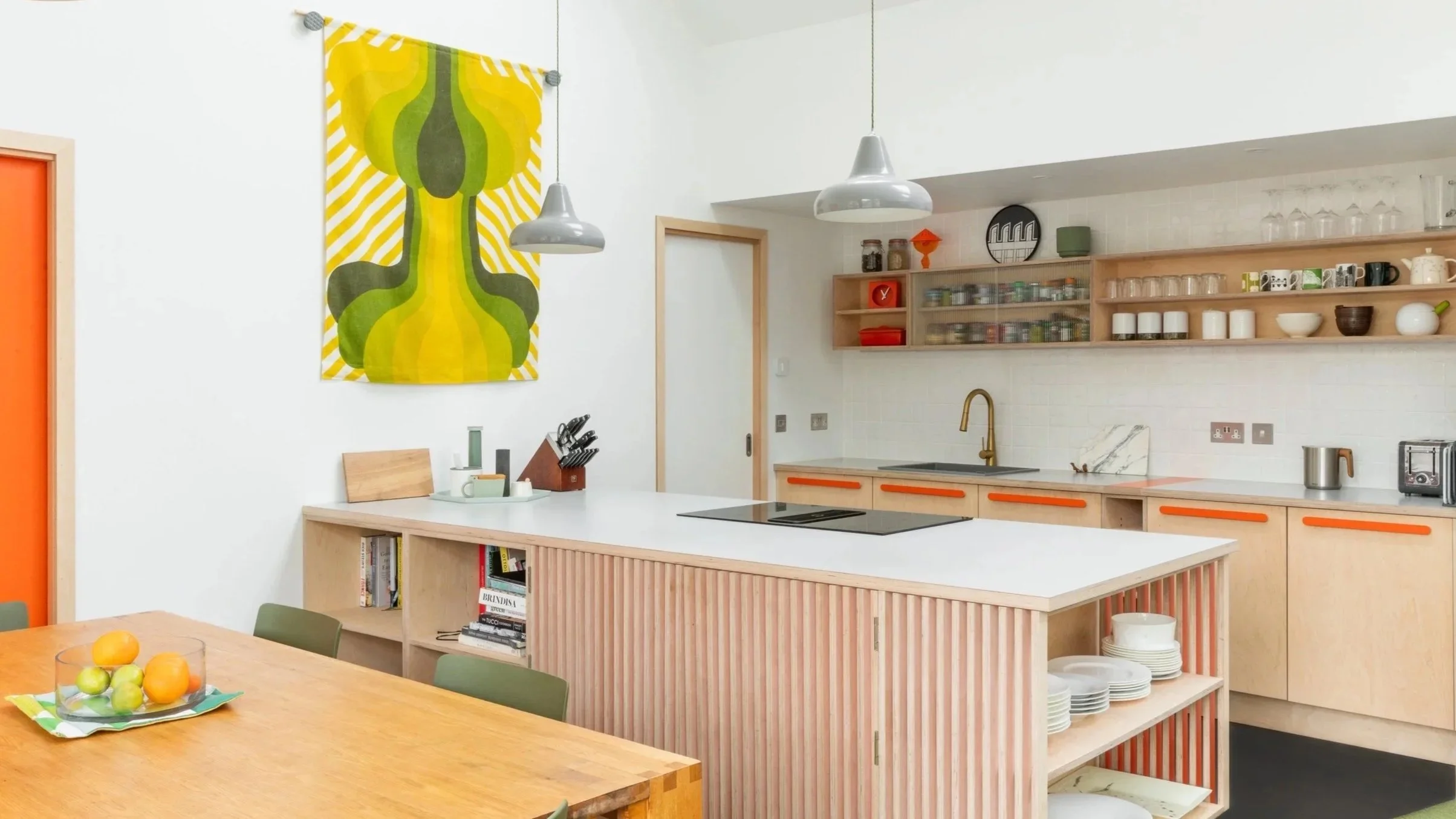 Birch plywood kitchen designed for contemporary living and features as the centrepiece of a barn conversion. Exclusively designed and made by Dual Works  