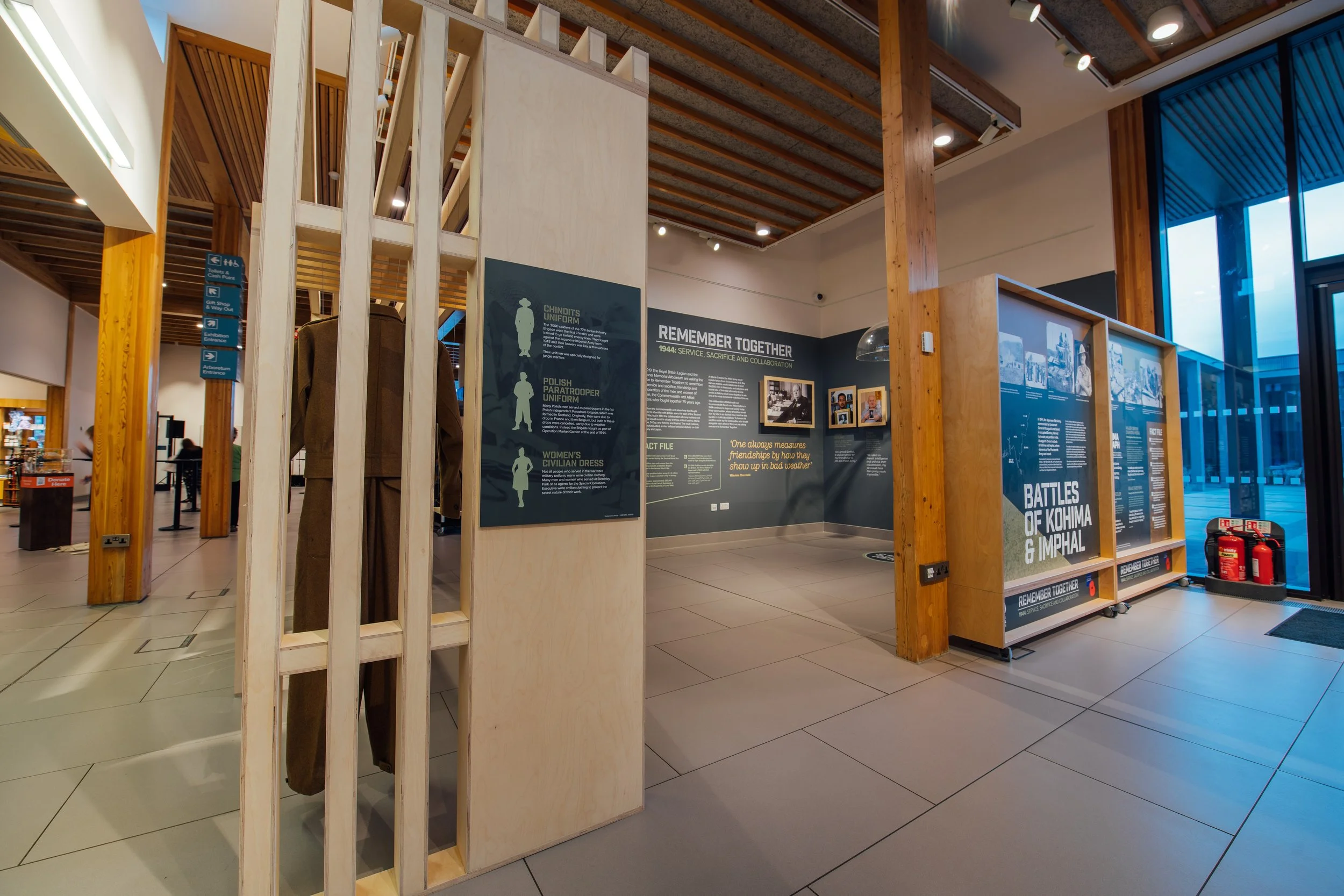 Plywood pavilion exhibition design and fabrication by Dual Works for the National Memorial Arboretum 