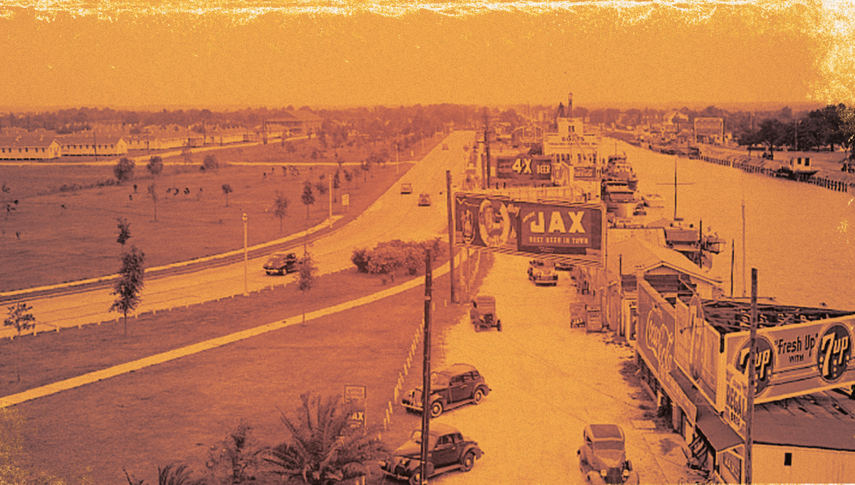  1940’s photo showing restaurants and businesses that lined the New Basin Canal.&nbsp; 