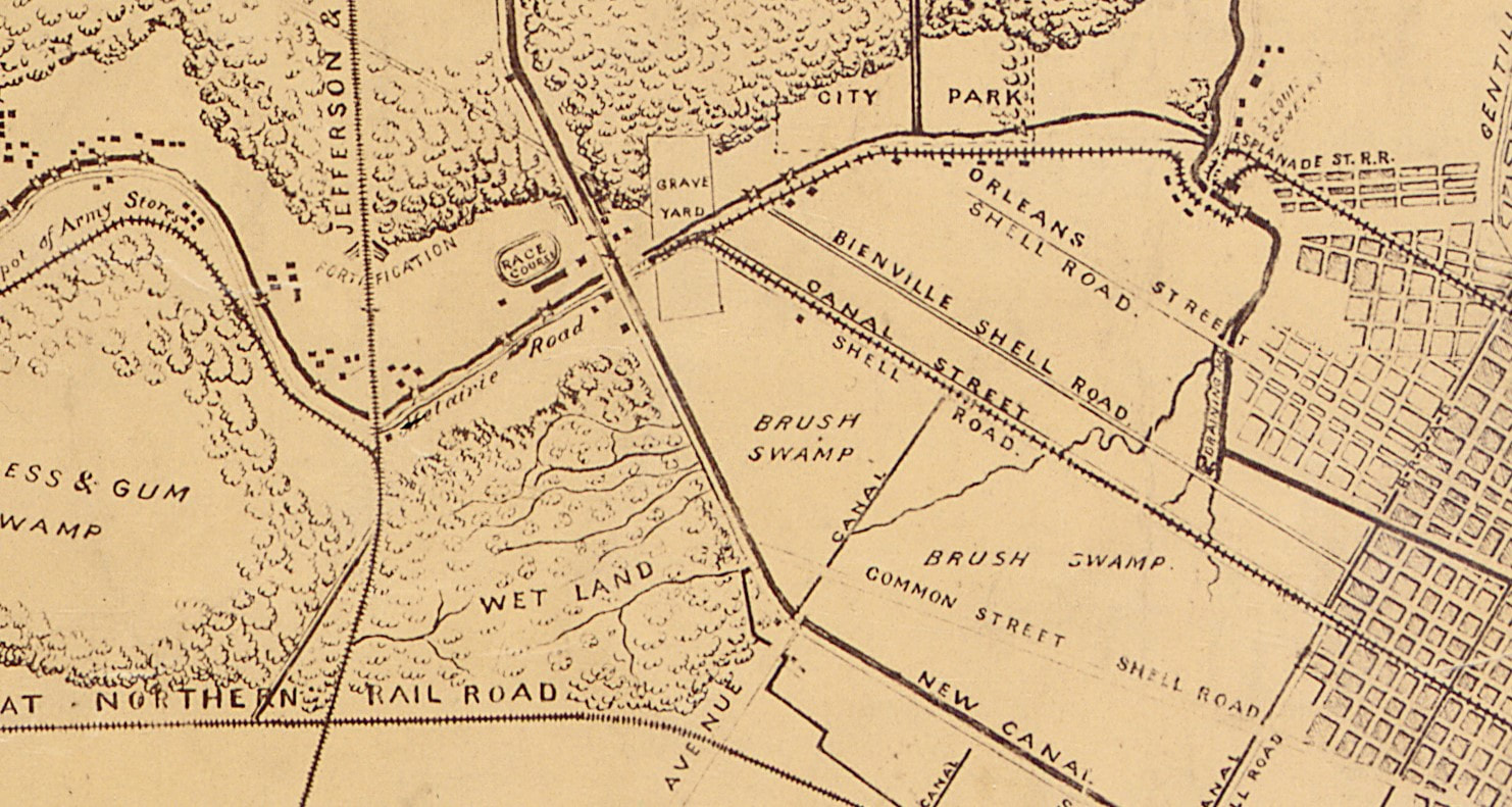  1863 map showing the New Basin Canal in the area of the Metairie Race Course and Canal Street’s “Grave Yard” cemeteries.&nbsp; 