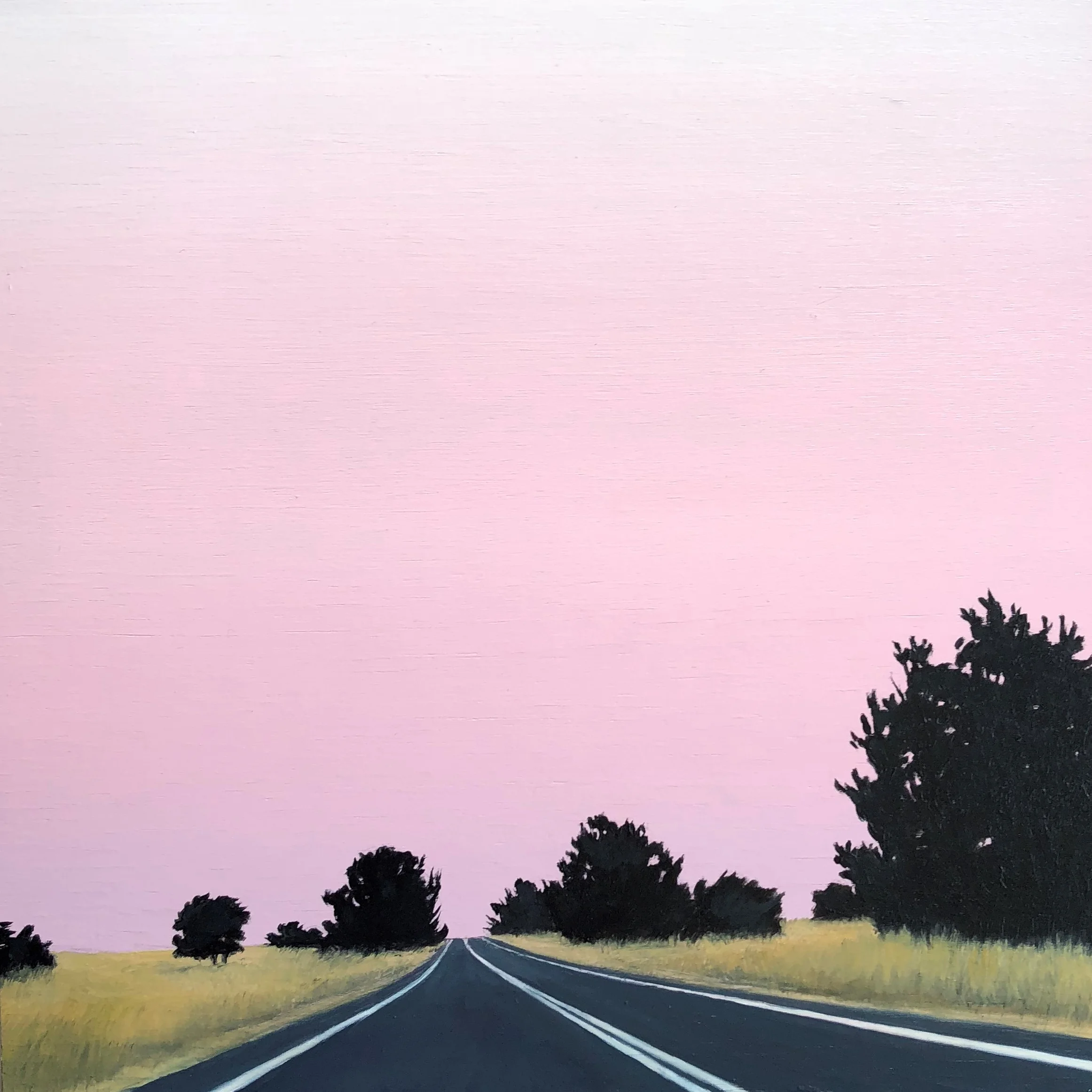 Straight Road,Pink Sky 2017 20x20 oil on birch board unframed.jpg