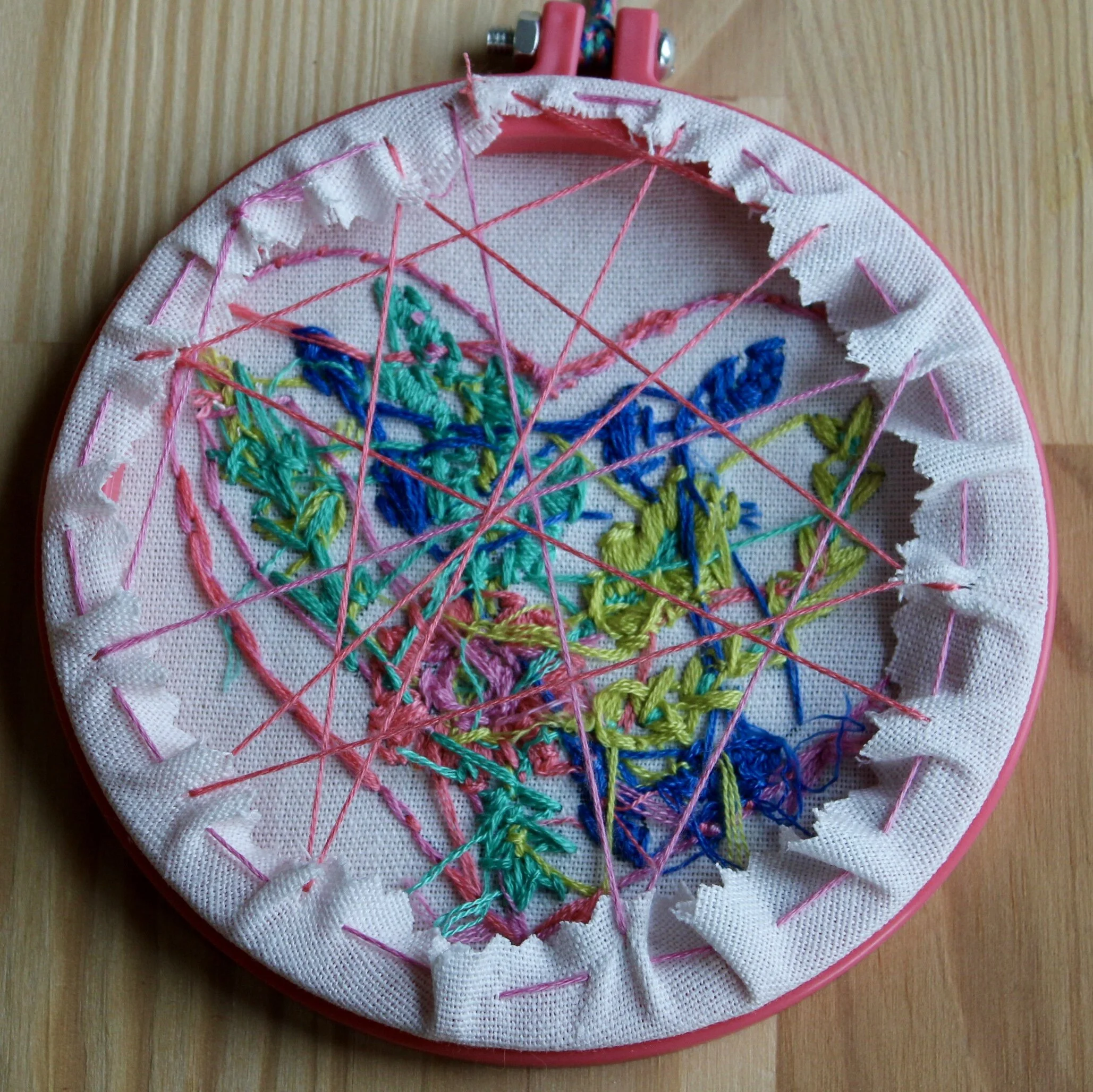 How to gather the fabric at the back of an embroidery hoop