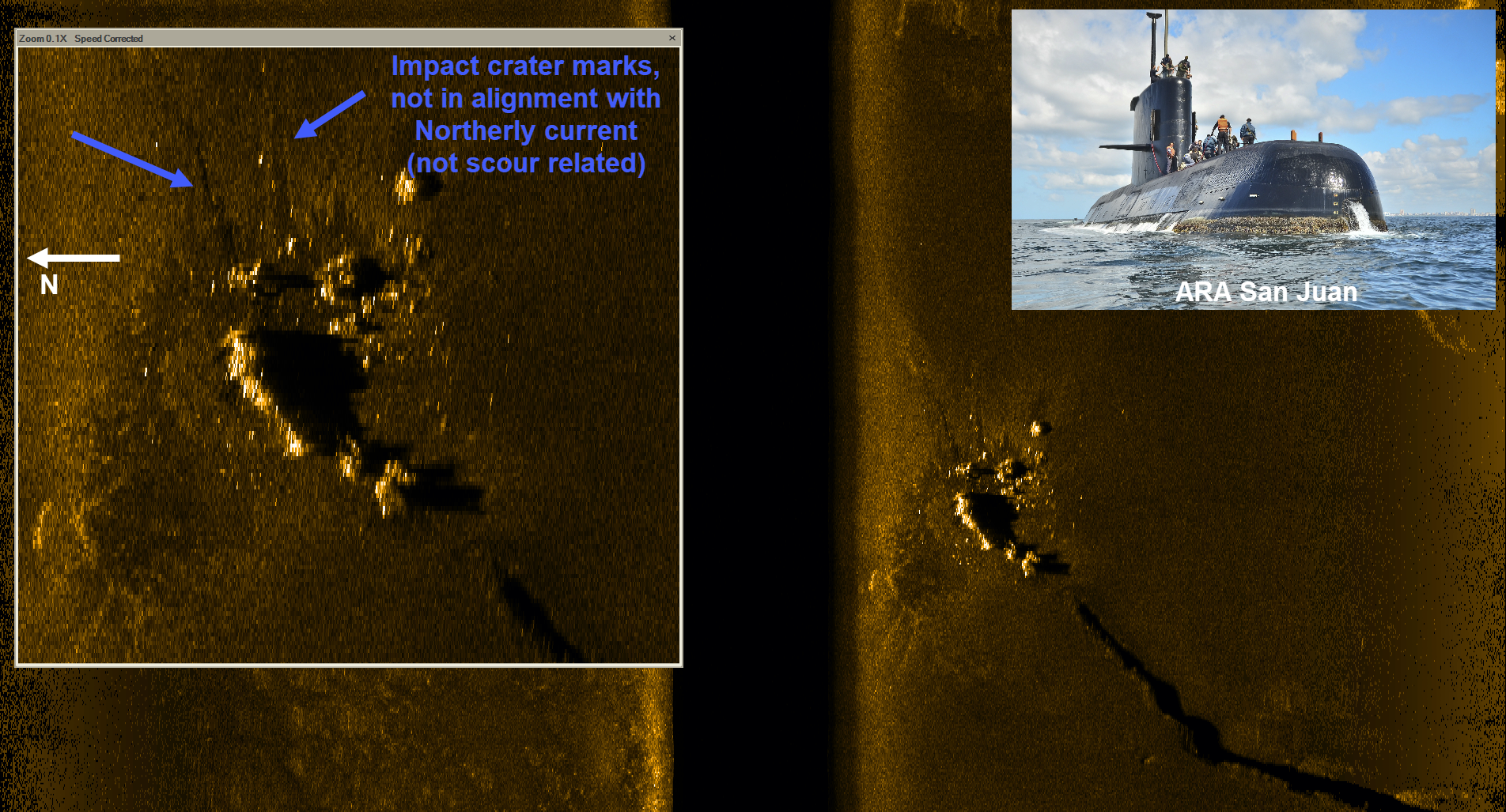 Side Scan Sonar image of submarine ARA San Juan, produced from one of five AUVs used in the successful search. Consultant for Ocean Infinity as Co-Project Leader responsible for the loss analysis and determining underwater search area and search parameters used in locating the missing Argentine Submarine, the ARA San Juan. Lost 15 November 2017 with 44 souls on-board off the coast of Argentina.