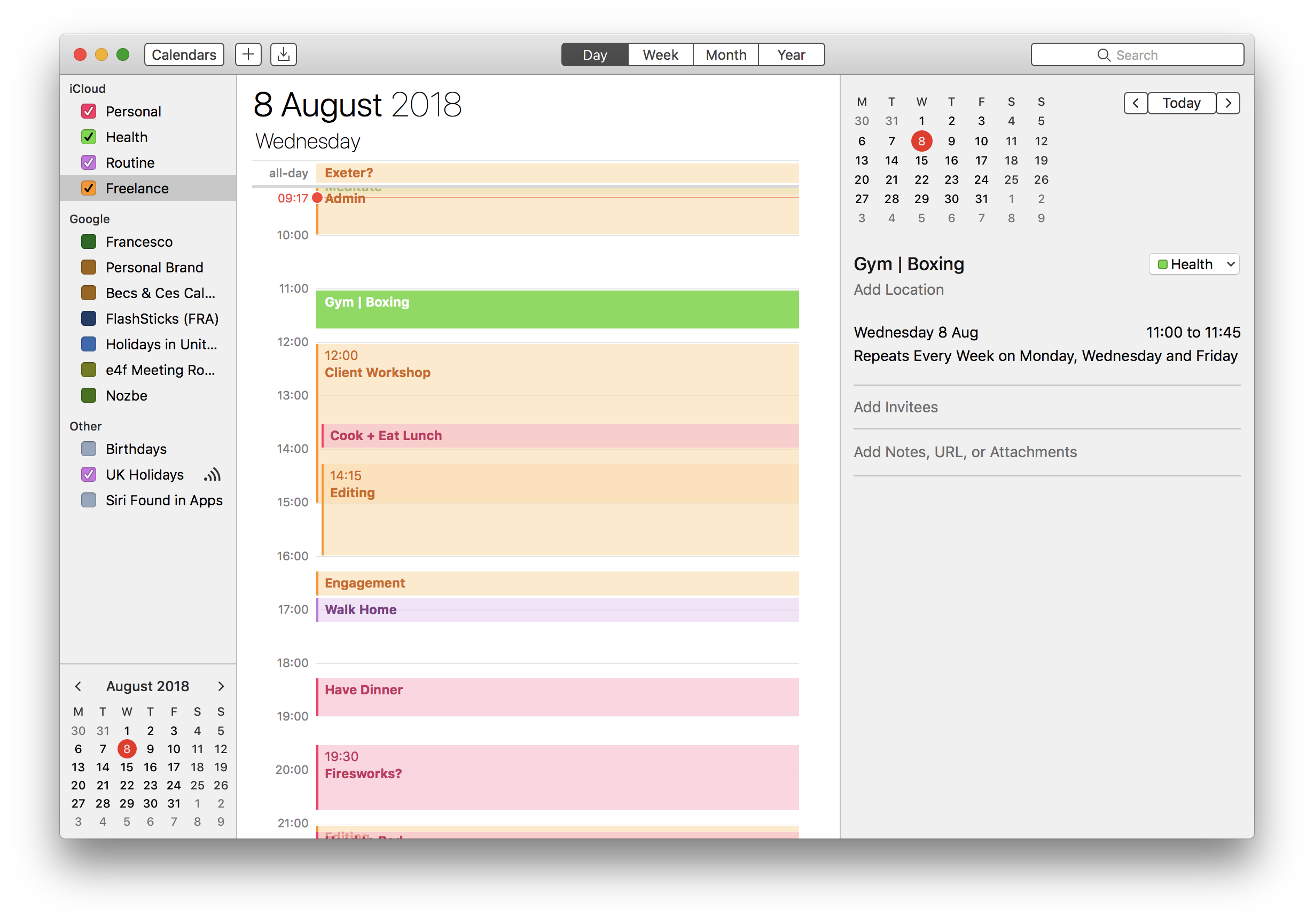 This is the day view on Apple Calendar, with calendar blocking all in. 