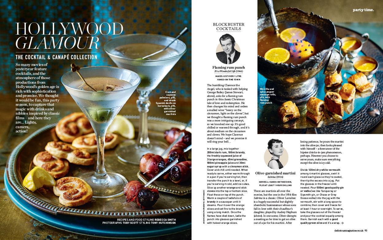  A recipe feature of canapes and cocktails created from classic Hollywood movies, with a styling brief to match 