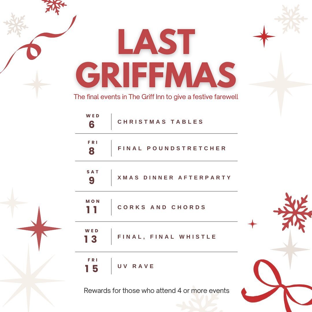 ‼️⚠️UPDATES⚠️‼️

GOODBYE TO THE GRIFF INN🥹🥲😭😭

🎁🎅🏻🎄 Celebrate our Last Griffmas with these unforgettable festive events to bid adieu to the place that holds many many years of fond memories 🎄🎅🏻🎁
Spread the word😍😍

Alumni and guests welc