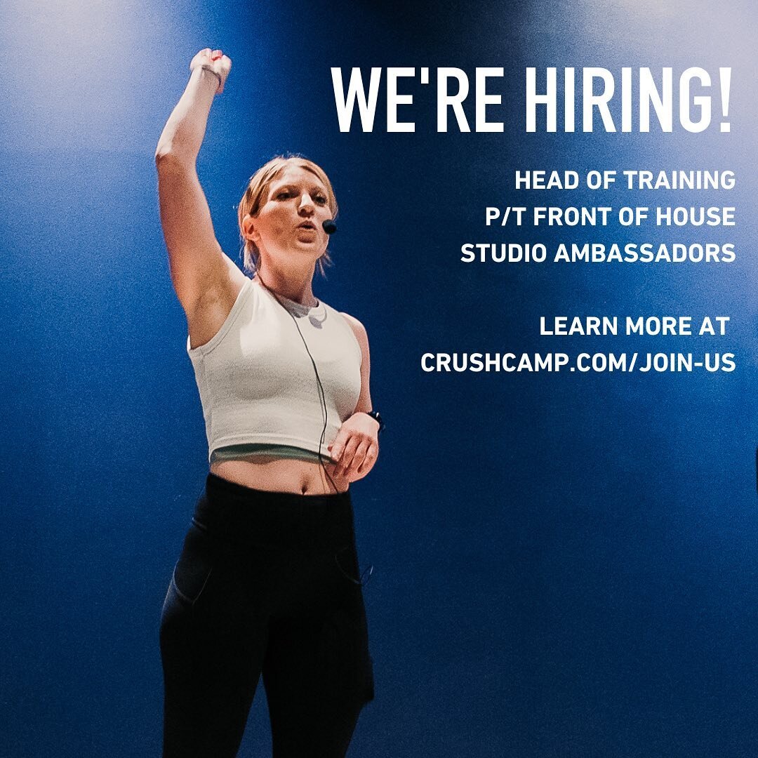 CrushCamp is GROWING 🌱

We are currently seeking a Head of Training to oversee the expansion of our: Small Group Training, Workshop, Nutrition, and Personal Training programs.

We are also adding to our P/T Front of House and Studio Ambassador Roste