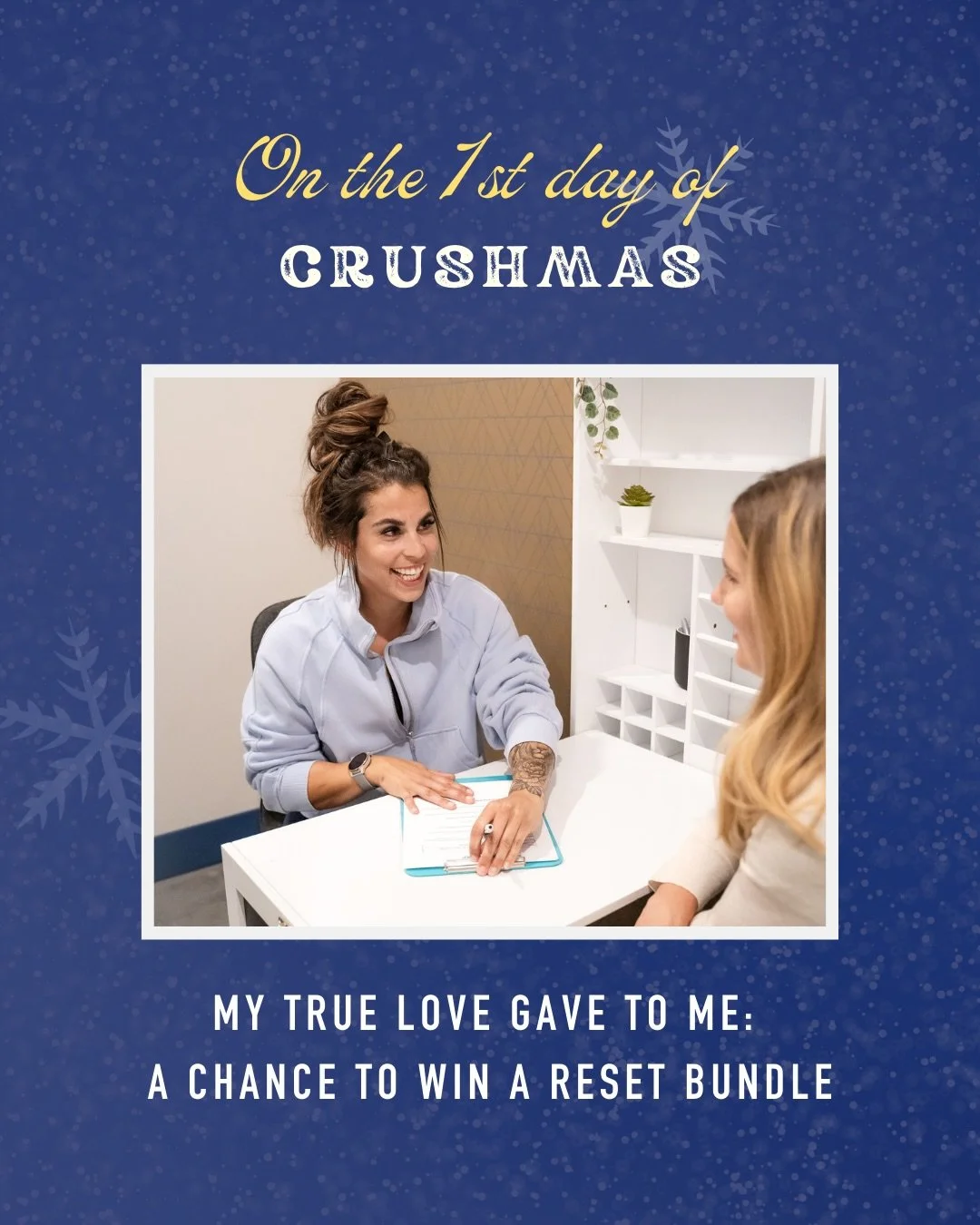The ultimate wellness GIVEAWAY to kick off the 12 DAYS OF CRUSHMAS 🎄

Enter to win a RESET BUNDLE (over $350 value) 🥳

- 1 month UNLIMITED classes for January ($250 VALUE)
- 1 Goal Consultation + InBody Scan ($50 VALUE)
- CrushCamp (&amp; partners)