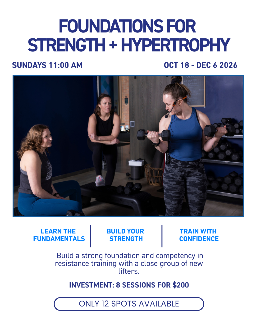A strength and conditioning coach demonstrates a bicep curl to two students who are learning how to lift weights.