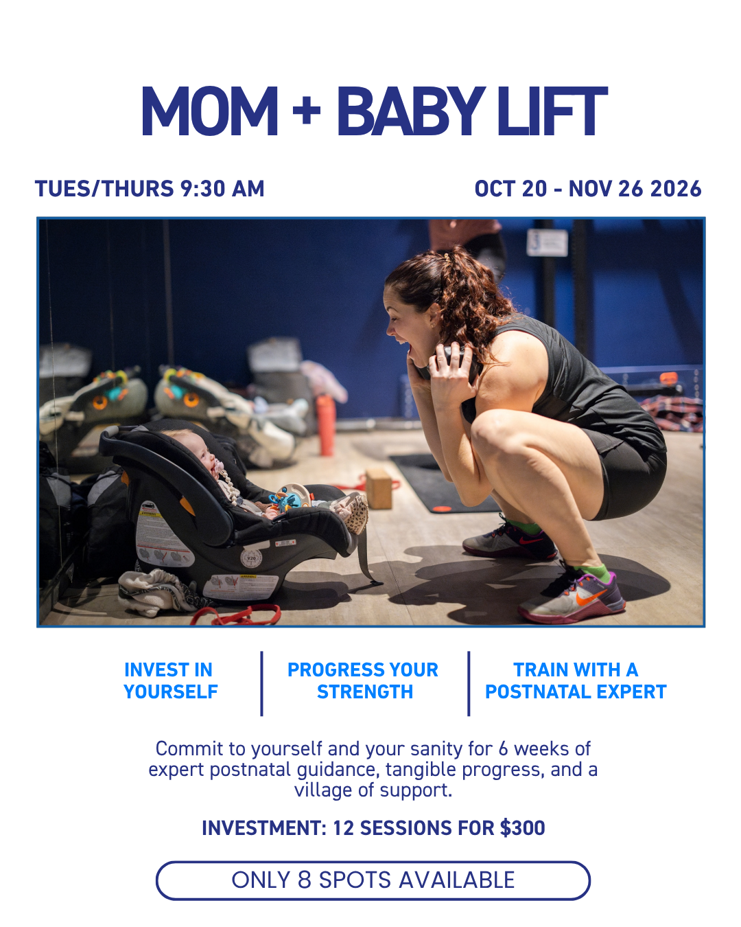 A strong mom in a deep squat cooing to her baby while training in a postnatal strength session.