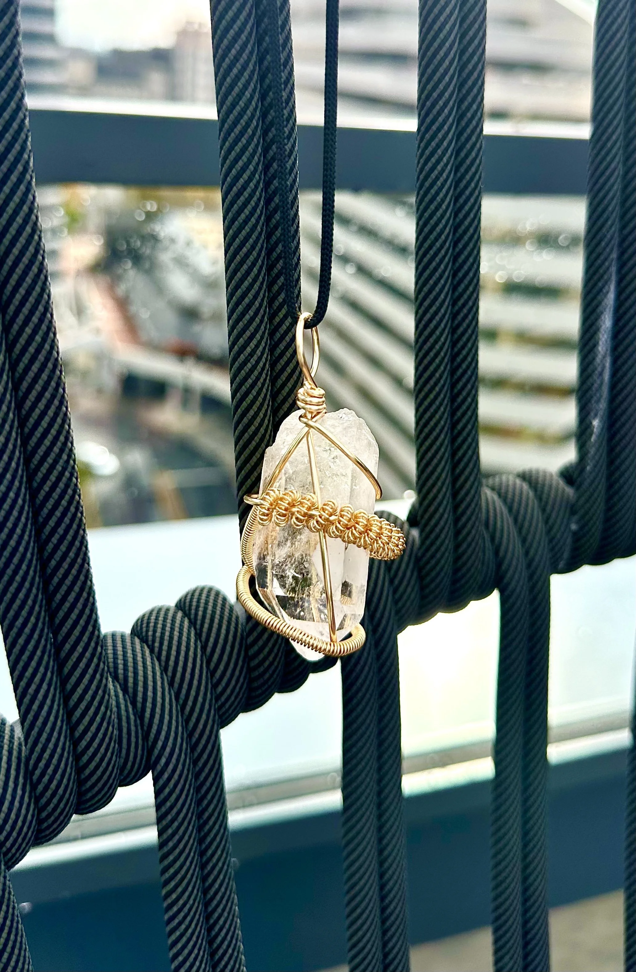 Large Clear Quartz Point Golden Copper Wrapped Pendant Necklace