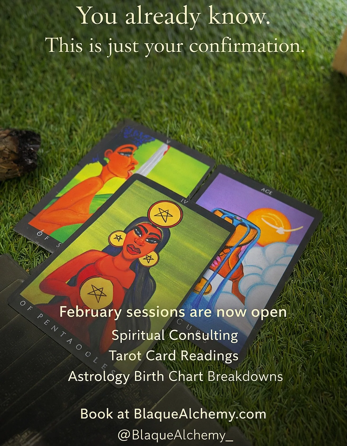 February sessions are now open:

Spiritual Consulting.
Tarot Card Readings.
Astrology Birth Chart Breakdowns.

This work is for those navigating personal, spiritual, or creative transitions, and ready for grounded clarity, energetic realignment, and 