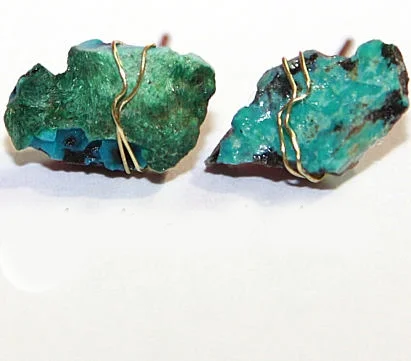 Desert Turquoise Raw Chrysocolla Wire Wrapped Stud Earrings