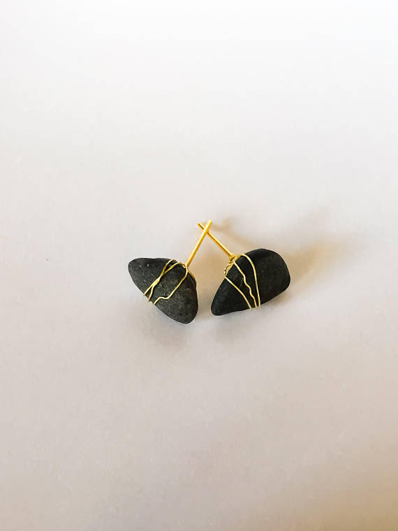 Black Beach Pebble Wire Wrapped Stud Earrings