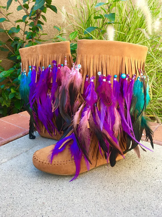 Ombre Feather Fringe Moccasin Festival Boots WOMEN'S SIZE 8