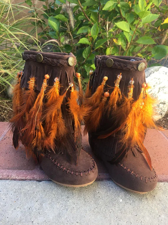 Kids Feather Fringe Moccasin Gypsy Boots Little Girls size 7