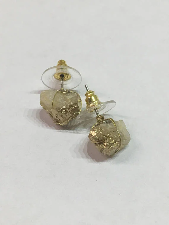 Gold dipped wire wrapped raw white quartz crystal stud earrings - healing stones