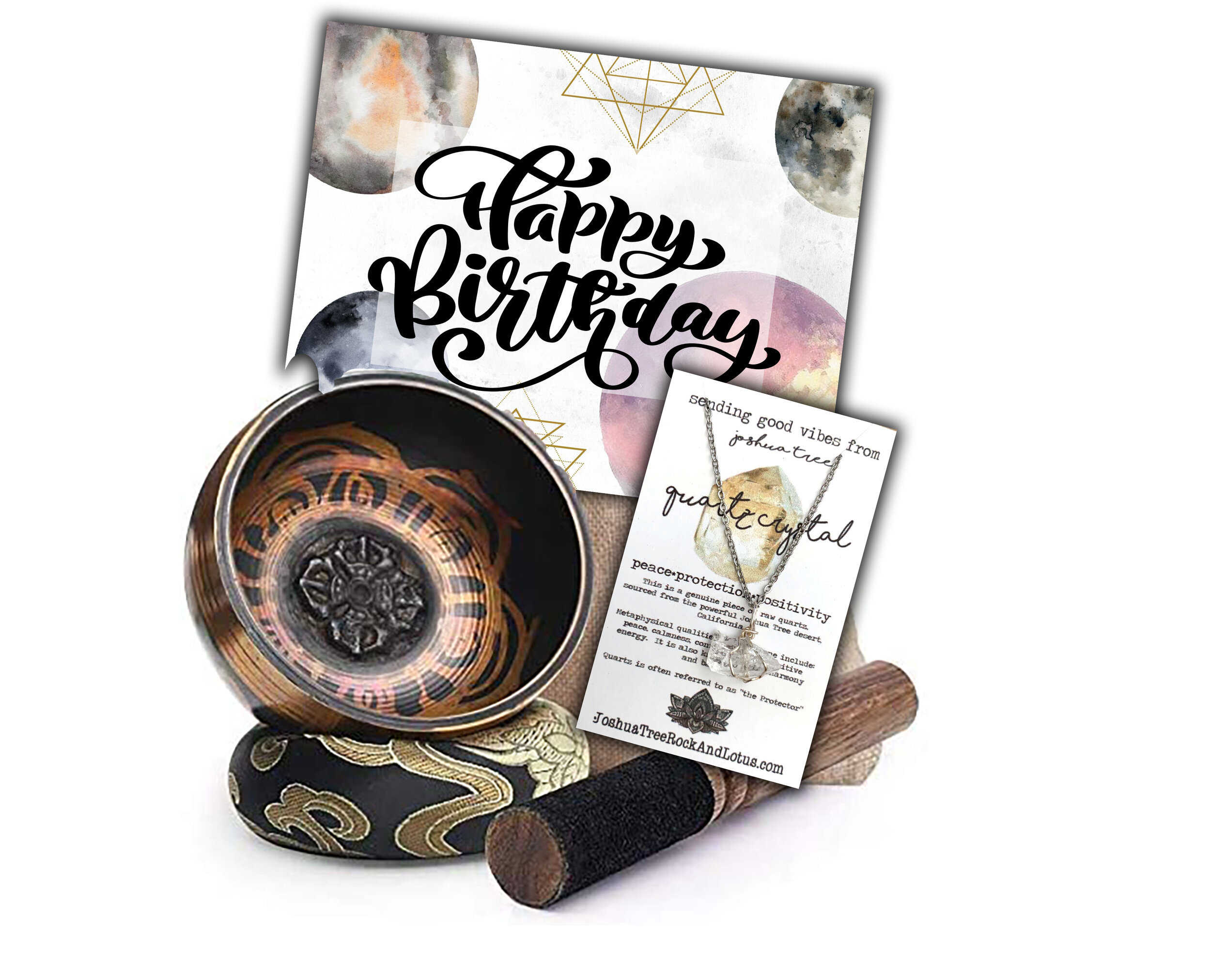 Happy Birthday Black Lotus 3" Singing Bowl Set with Quartz Necklace