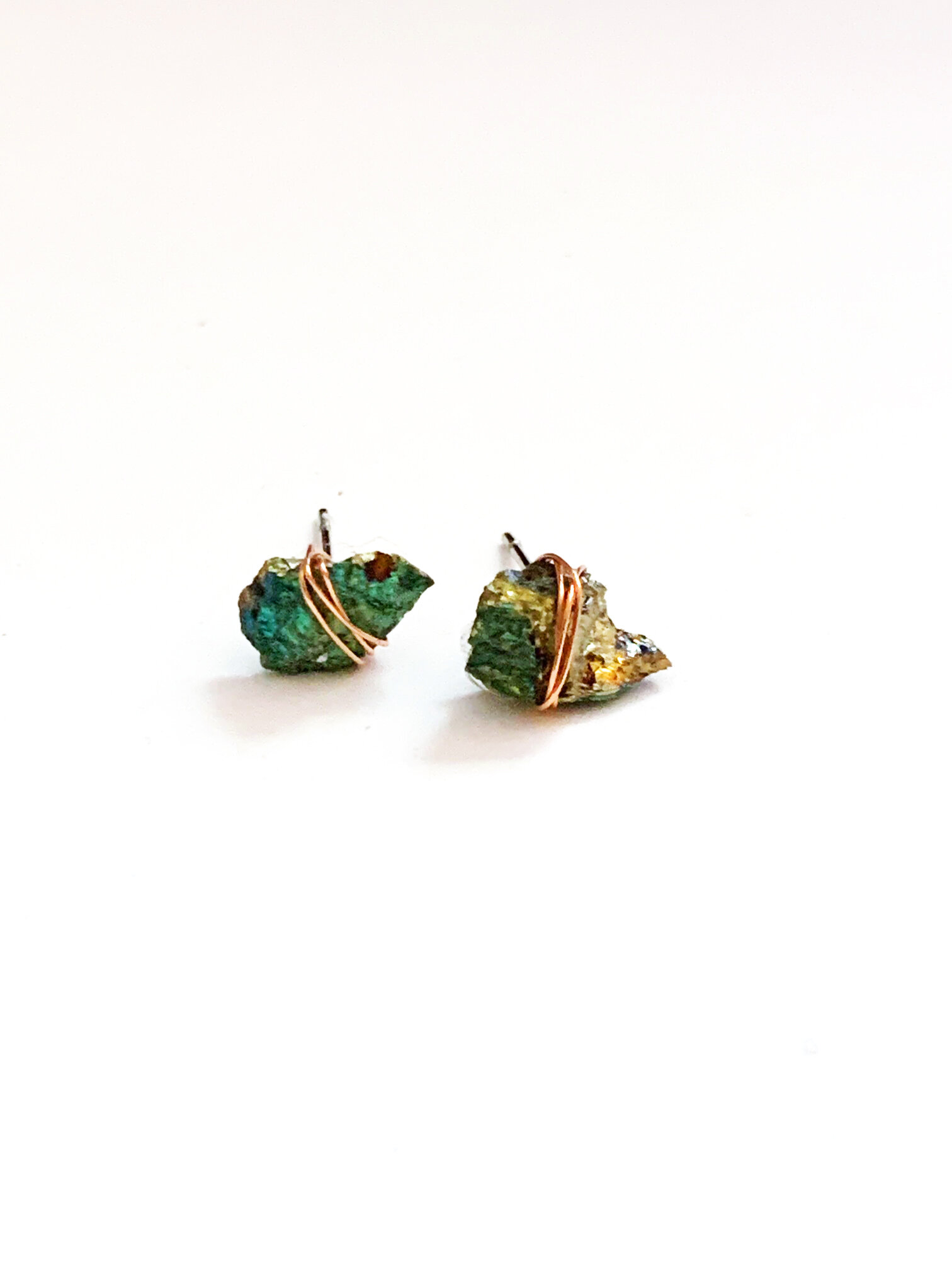 Wire Wrapped Peacock Ore Stud Earrings
