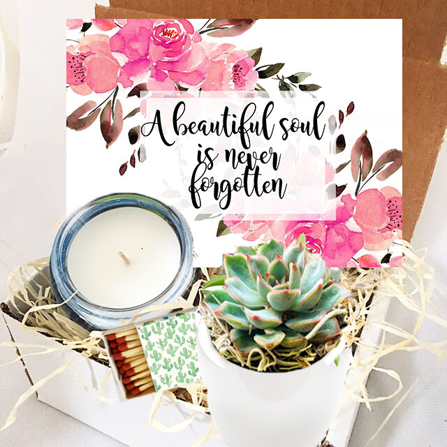 A Beautiful Soul Is Never Forgotten - Succulent, Card &amp; Candle Gift Box (pink floral)