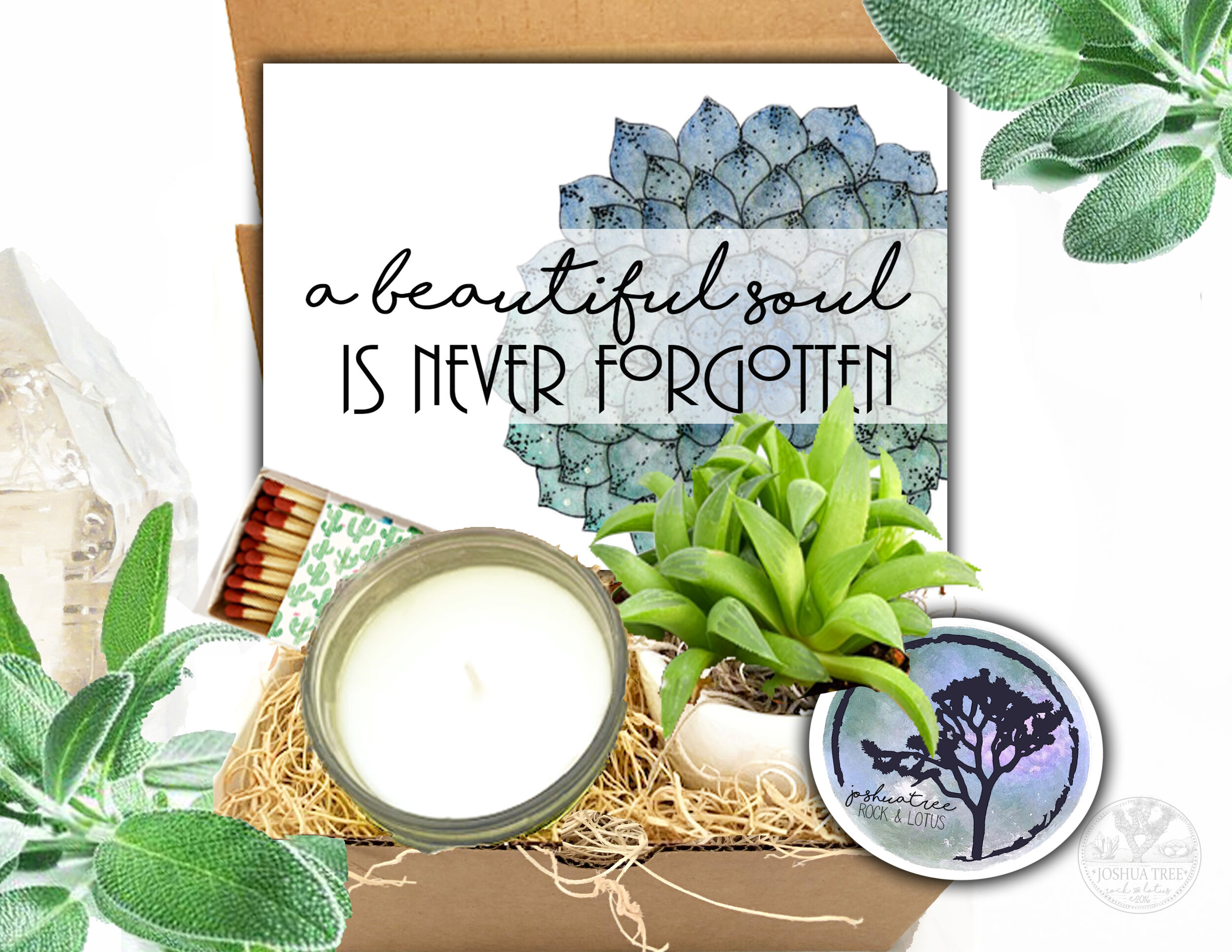 A Beautiful Soul Is Never Forgotten - Succulent, Card &amp; Candle Gift Box -Blue Succulent