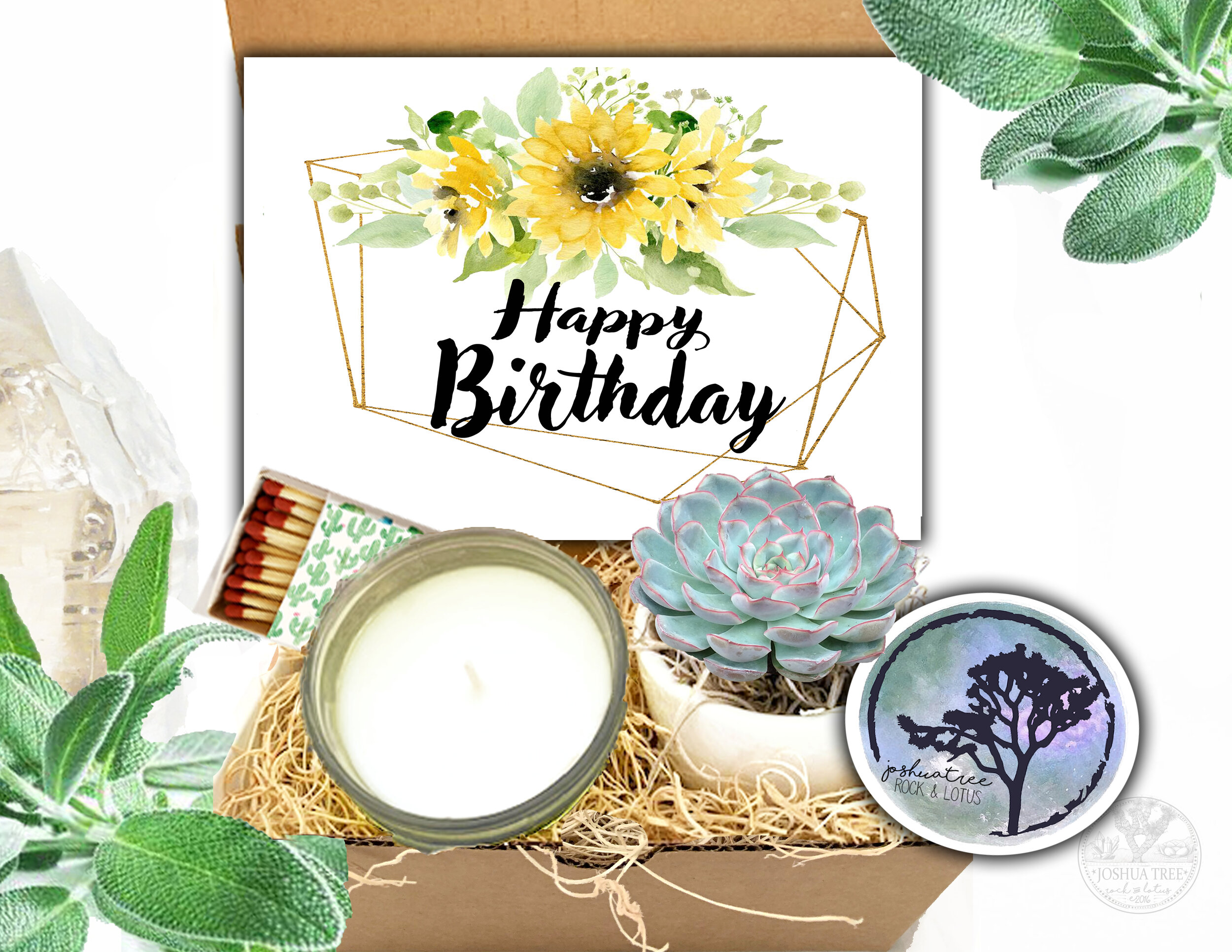Sunflower Happy Birthday - Succulent, Card &amp; Candle Gift Box     