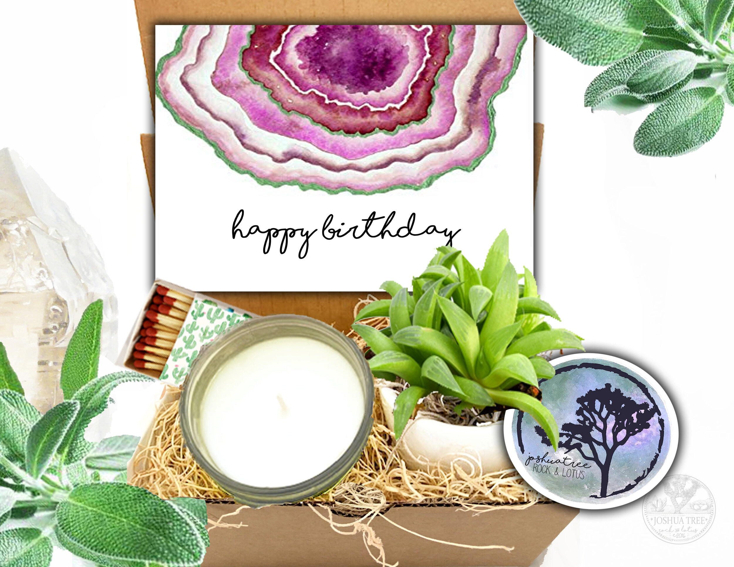 Happy Birthday - Succulent, Card &amp; Candle Gift Box  (Pink Geode Design)