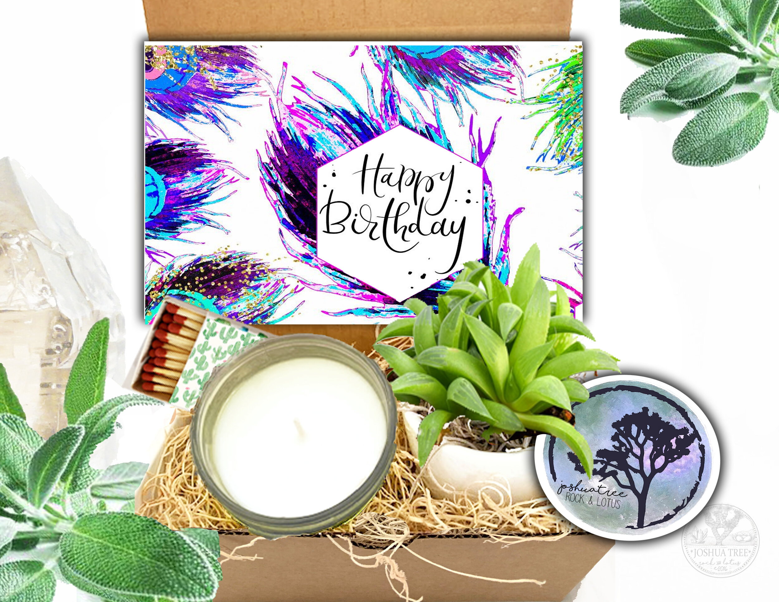 Happy Birthday - Succulent, Card &amp; Candle Gift Box    (Peacock Feathers Design)