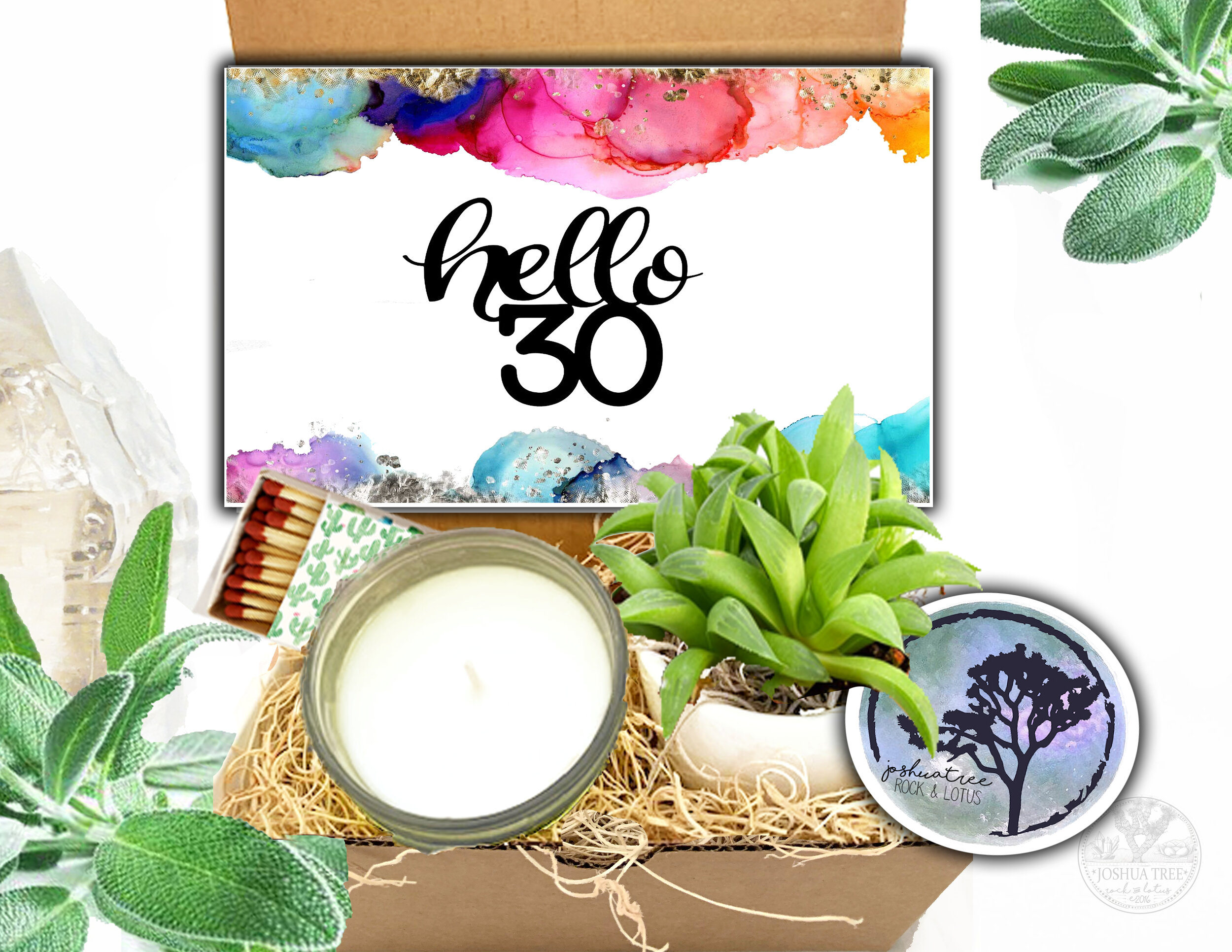 Hello 30 - Succulent, Card &amp; Candle Gift Box   