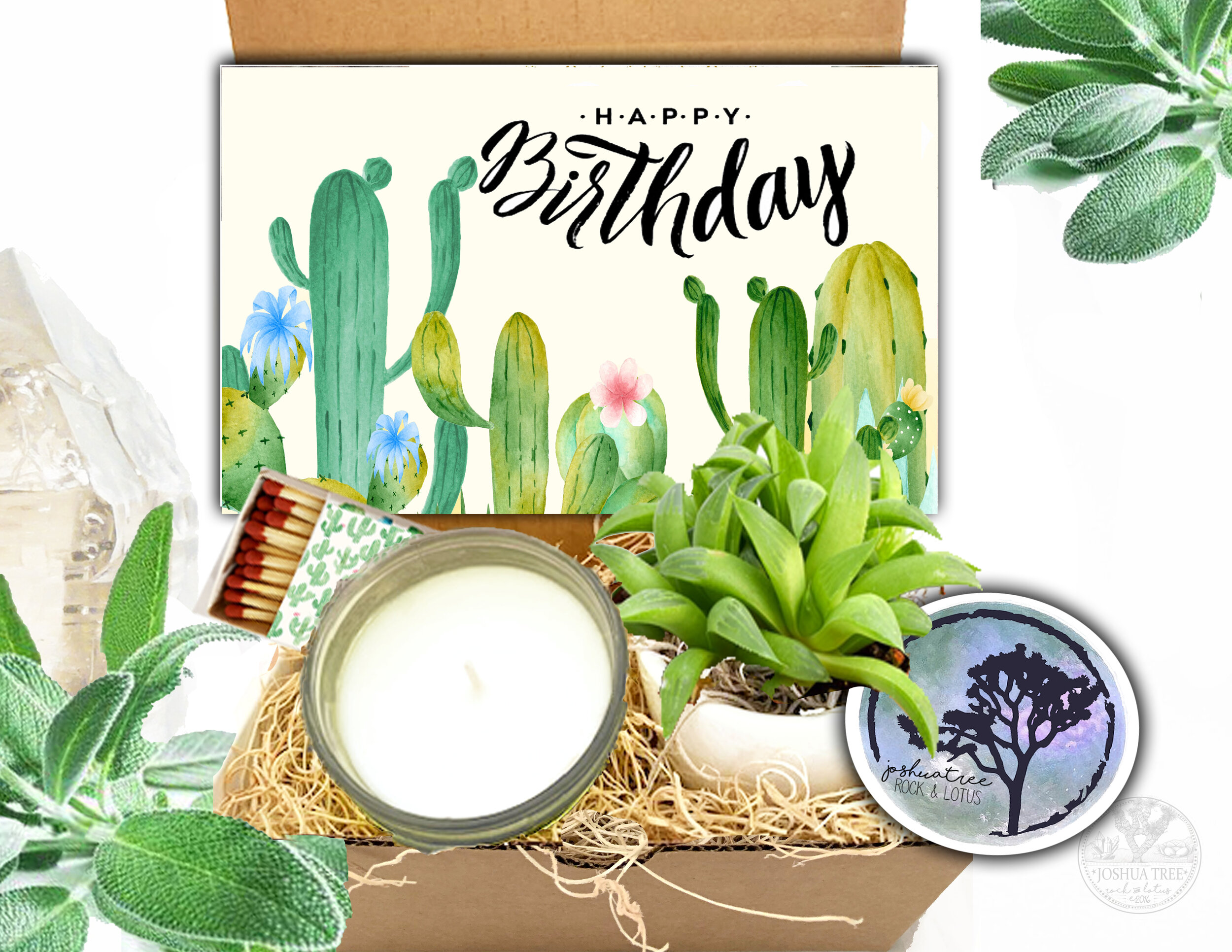 Desert Scene Happy Birthday - Succulent, Card &amp; Candle Gift Box    