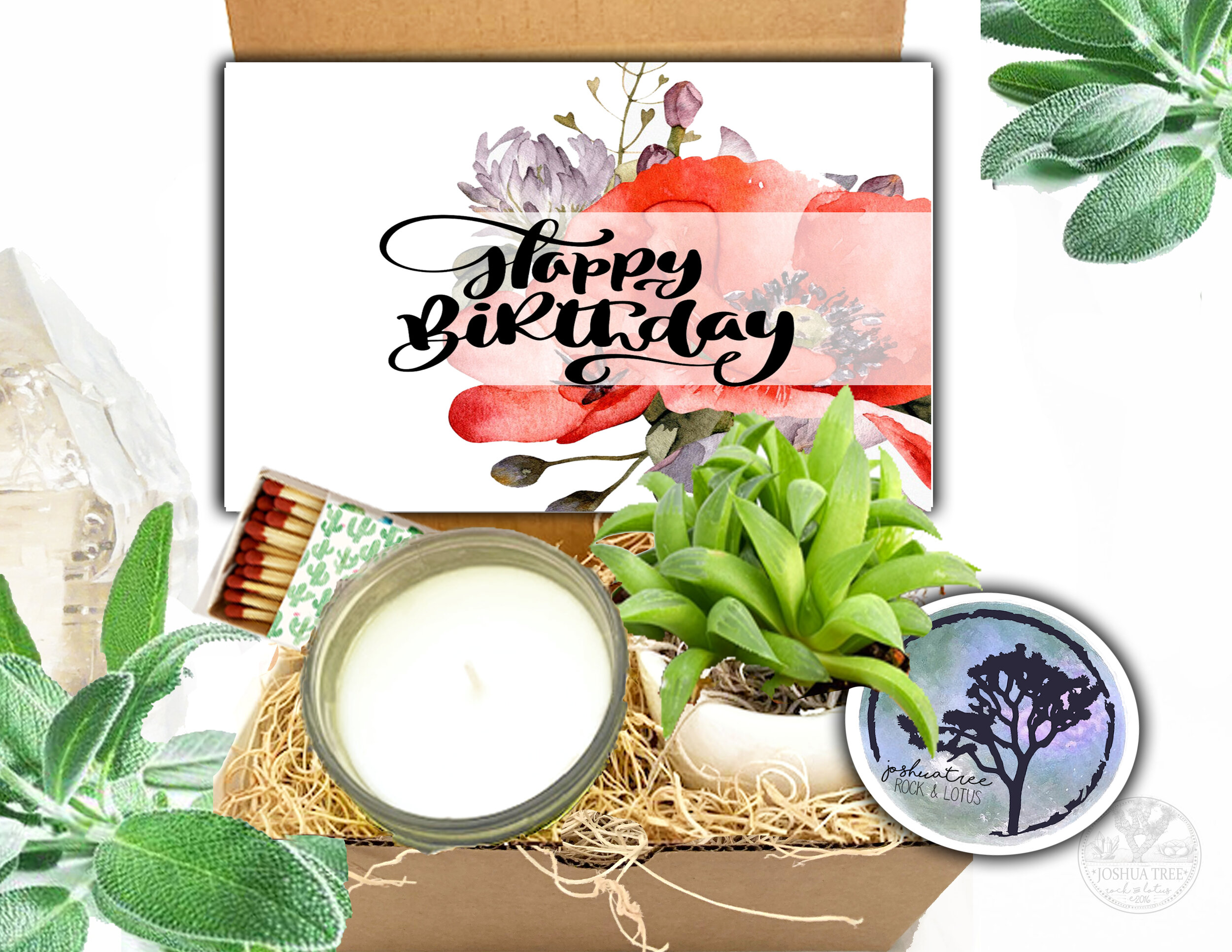 Happy Birthday - Succulent, Card &amp; Candle Gift Box   (poppies)