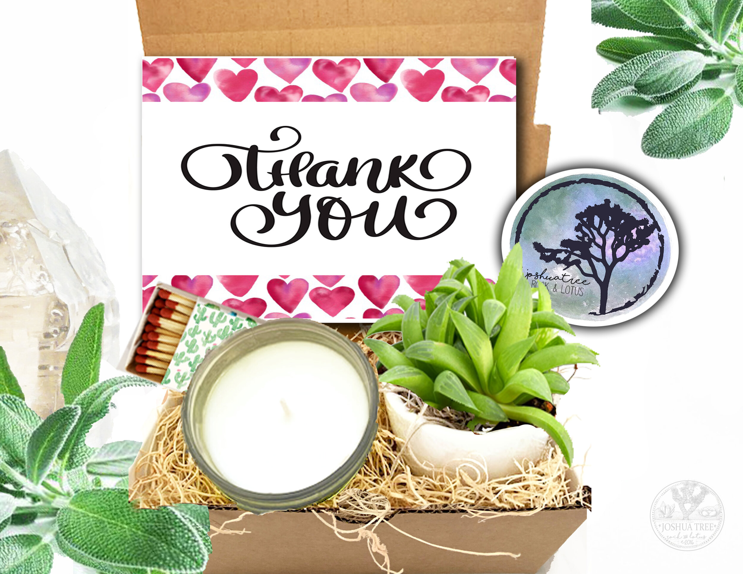 Thank You - Succulent, Card &amp; Candle Gift Box    - Hearts