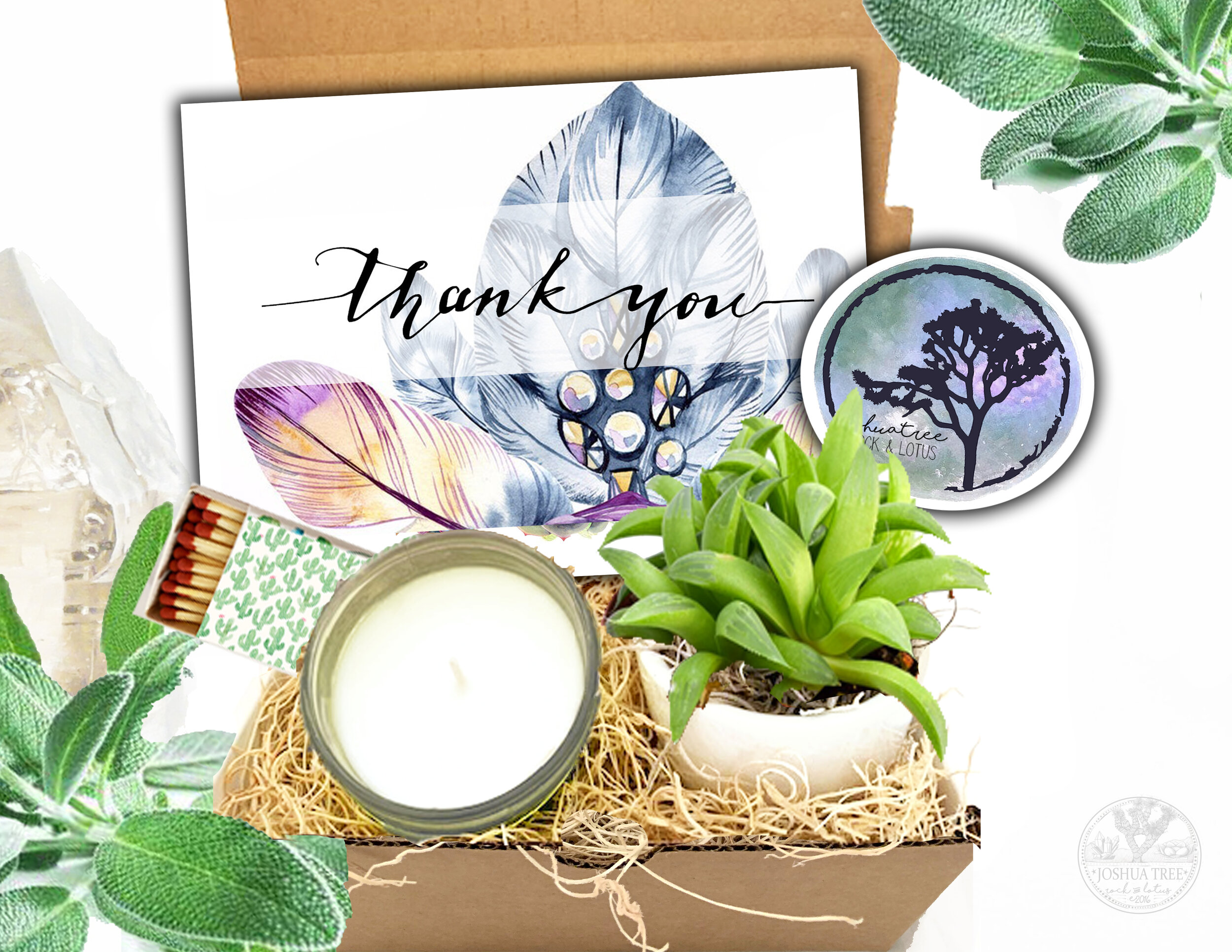 Thank You - Succulent, Card &amp; Candle Gift Box     (feathers and jewels)